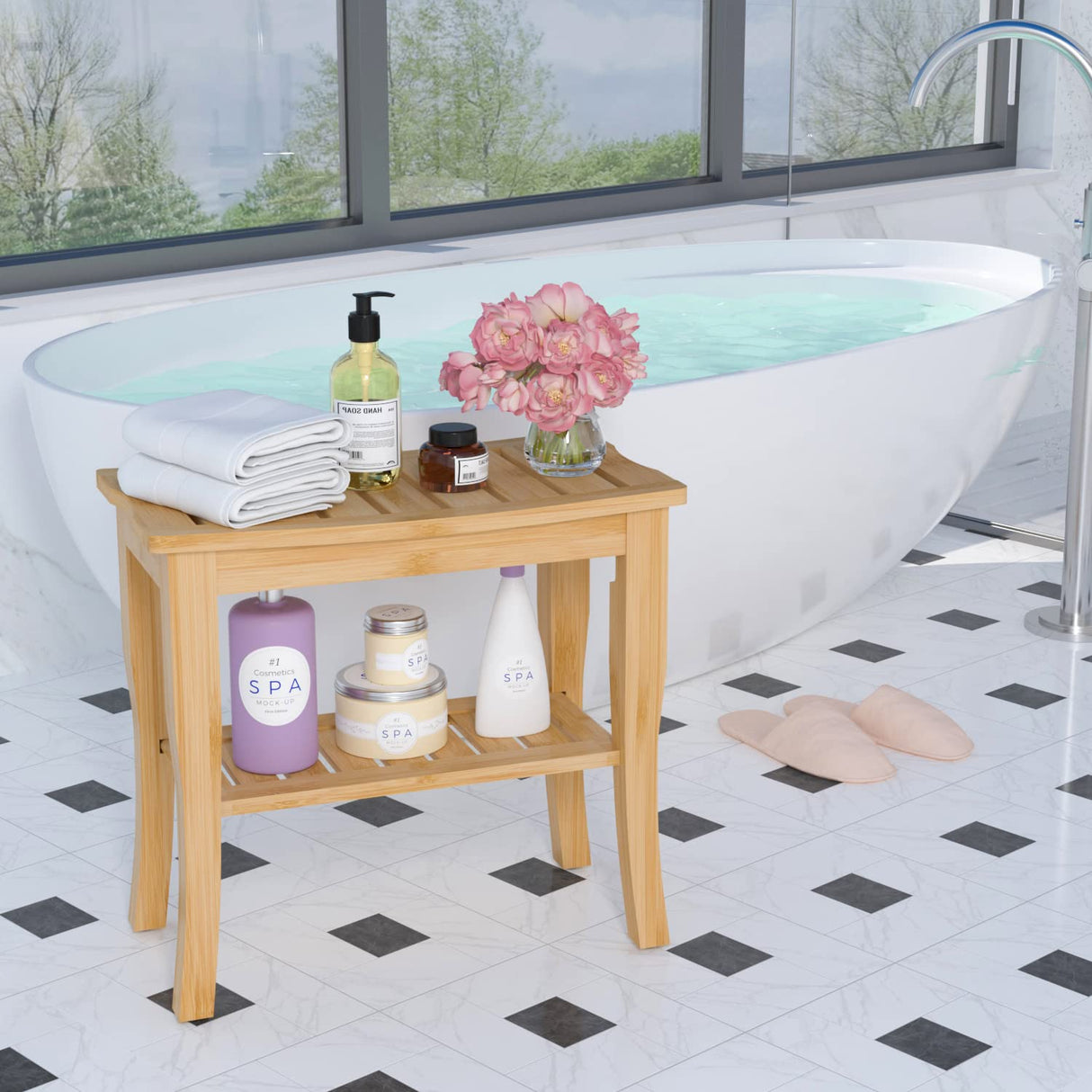 Domax Bamboo Shower Benches for Inside Shower - Bathroom Bench Seat Waterproof Wooden Shower Stool with Storage Shelf for Adults Elderly Seniors Wood Domax