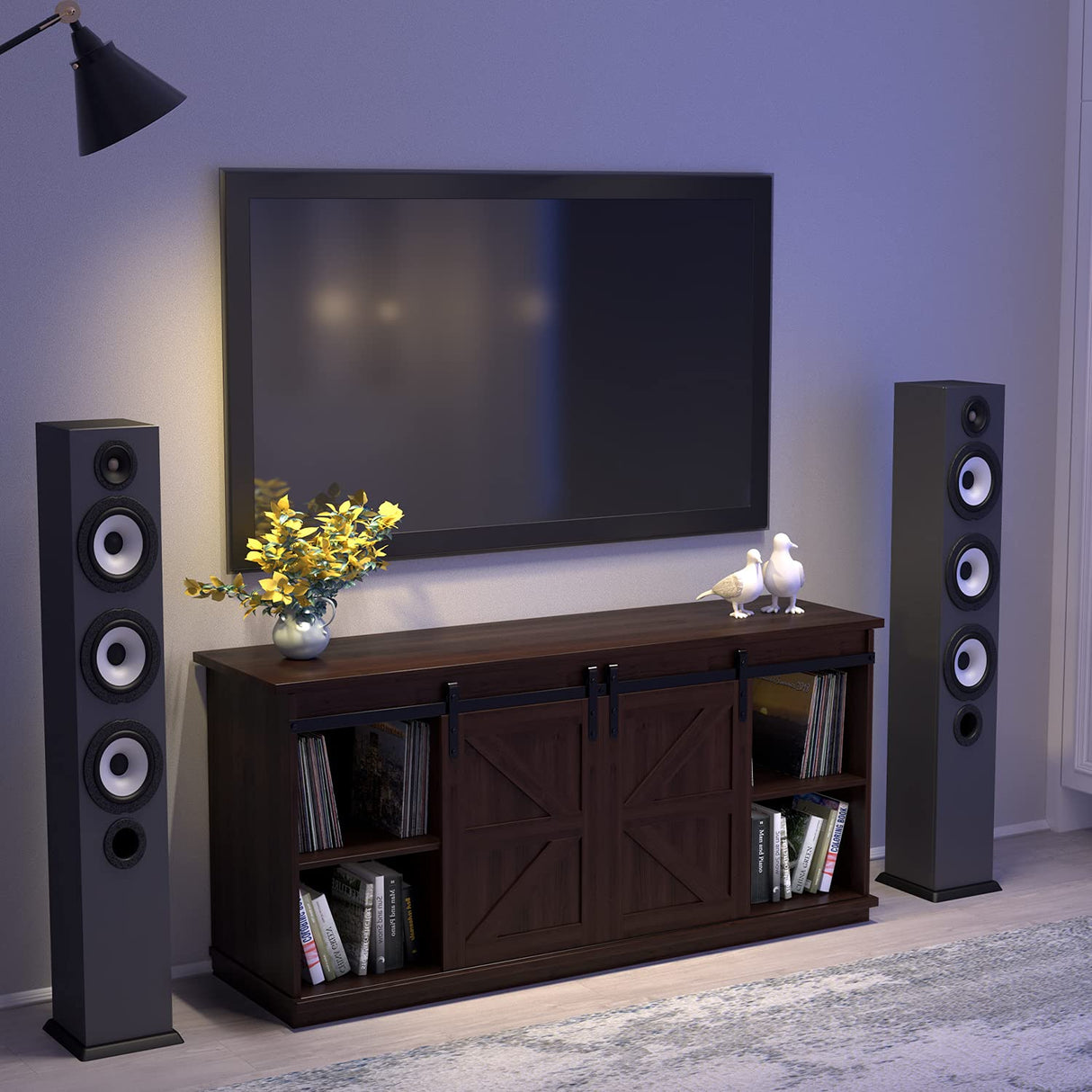 JUMMICO TV Stand for 65 Inch TV, Entertainment Center with Storage Cabinets and Sliding Barn Doors, Mid Century Modern Media TV Console Table for Living Room Bedroom (Brown) JUMMICO