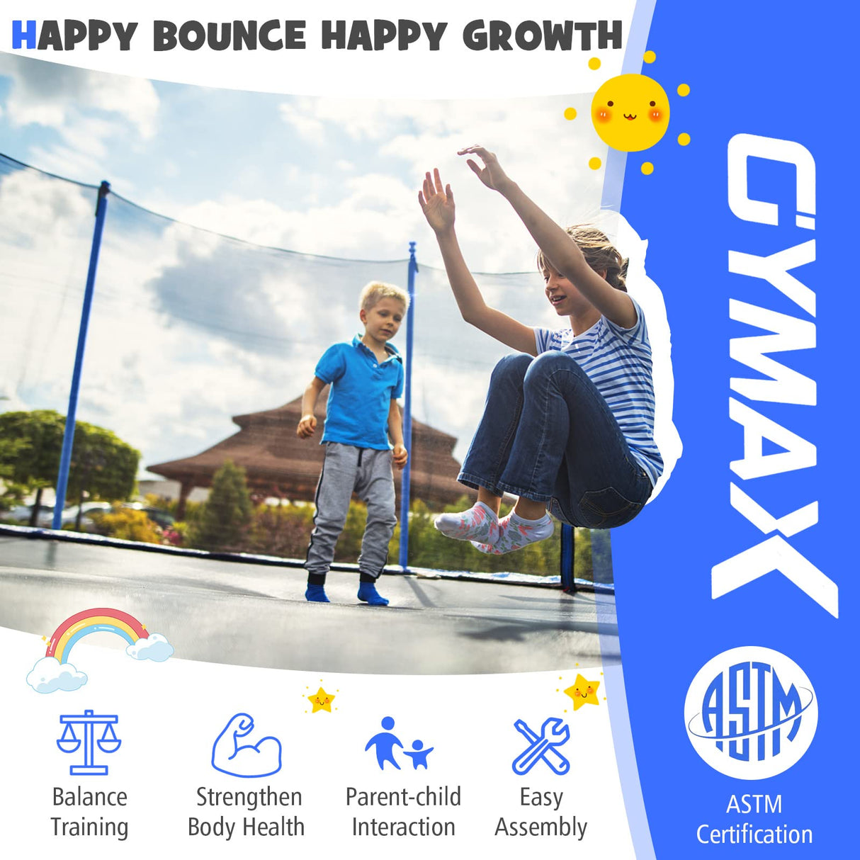 GYMAX Trampoline for Kids, ASTM Approved 12FT 14FT 15FT 16FT Recreational Toddler Trampoline with Enclosure Net, Basketball Hoop, Basketball & Pump, Rebounder Trampoline for Adults (12FT) Black+Blue GYMAX
