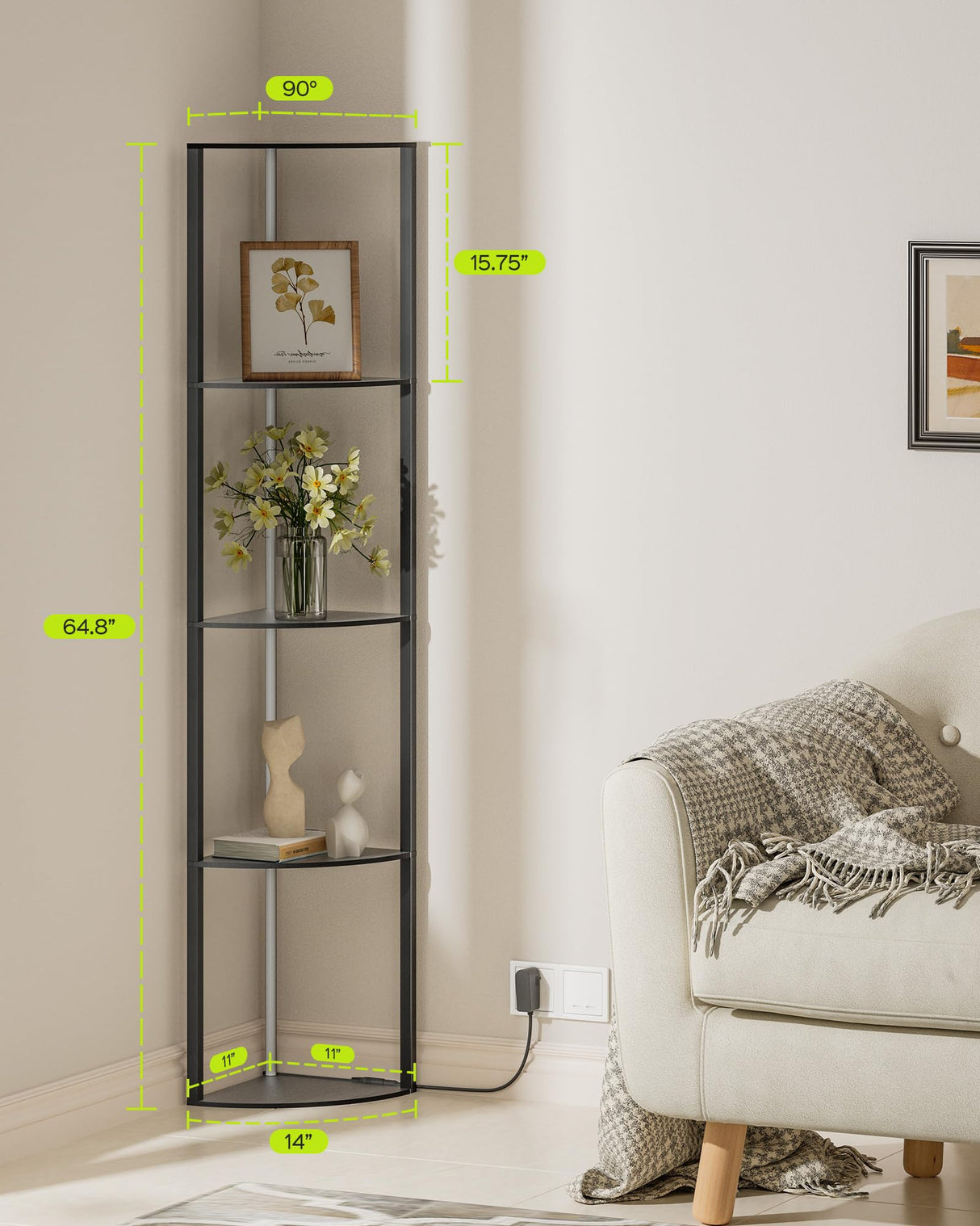 JACKYLED 5-Tier Corner Display Shelves, RGB Led Floor Lamp Corner Storage for Books Perfume Shelf with Light, Remote and App Control Music Sync Scheduled On/Off Tall Curio Cabinet JACKYLED