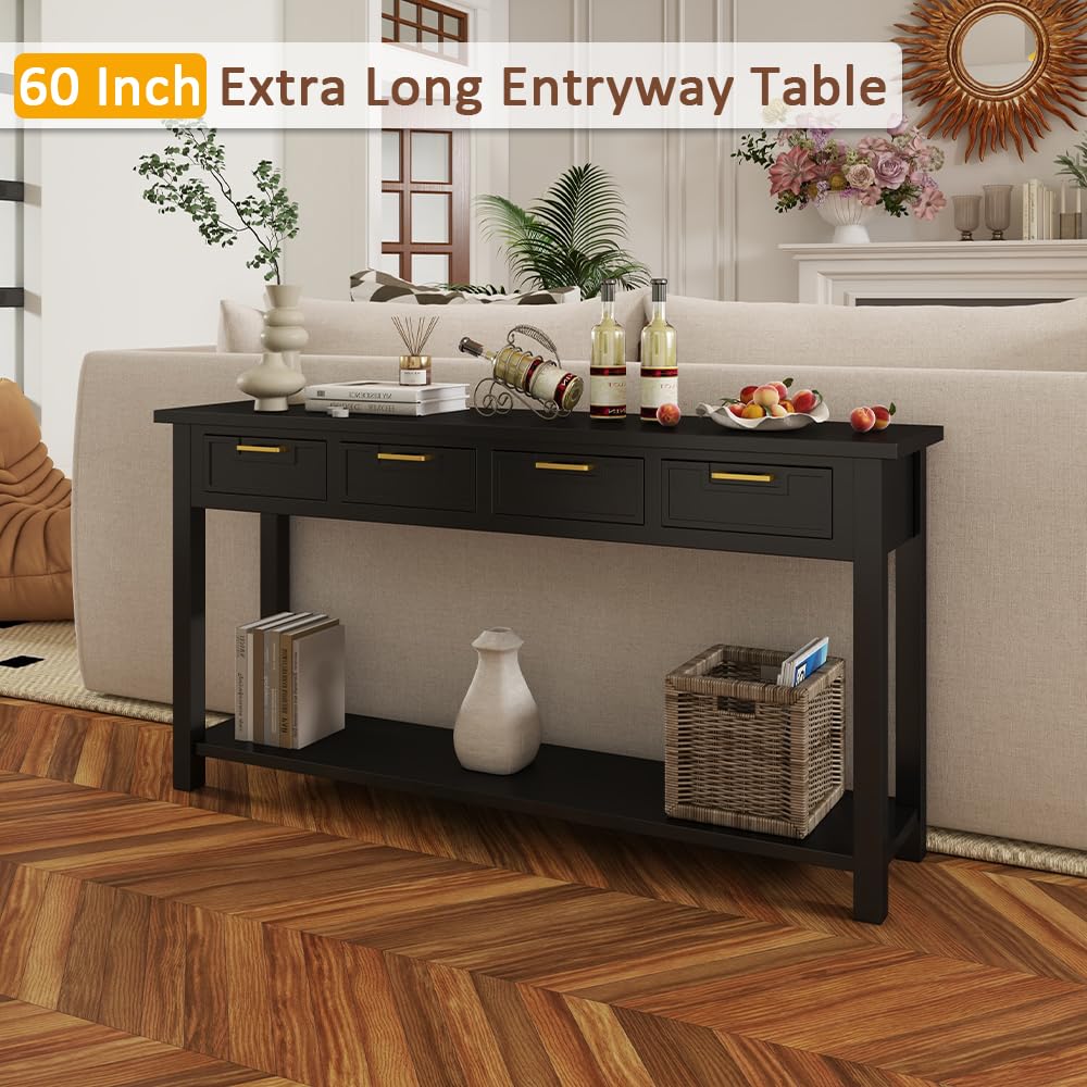 HLXZN Console Table for Entryway, 60 Inch Sofa Table w/4 Drawers and Bottom Shelf Narrow Long Hallway Table for Living Room Entryway Home, Black HLXZN