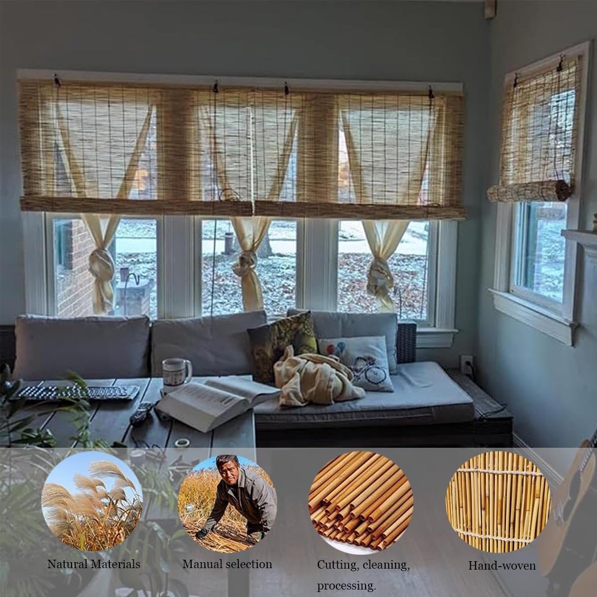 Bamboo Roller Shade Blinds 10'' 22'' 25'' 36'' 38'' 42'' 45'' Wide Cordless Bamboo Blinds Hand Woven roll up Shades for Window Porch Outdoor Patio(37''x60'') Generic