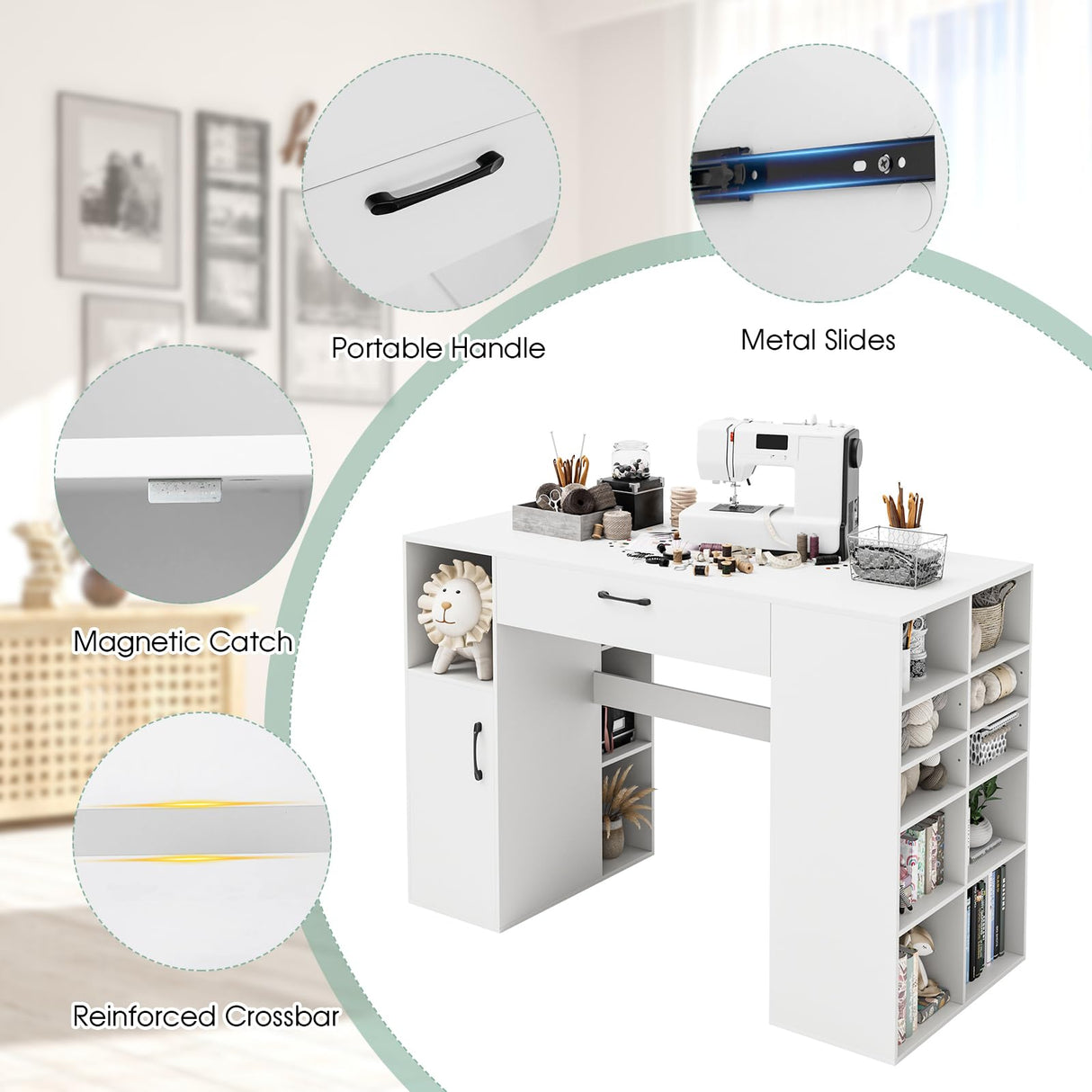 Giantex Craft Table with Storage, 53'' Artwork Sewing Table with 14 Cube Storage Shelves, Large Drawer, Cabinet with 2 Shelves, 36'' Counter Height Sewing Workstation White Drafting Writing Desk Giantex