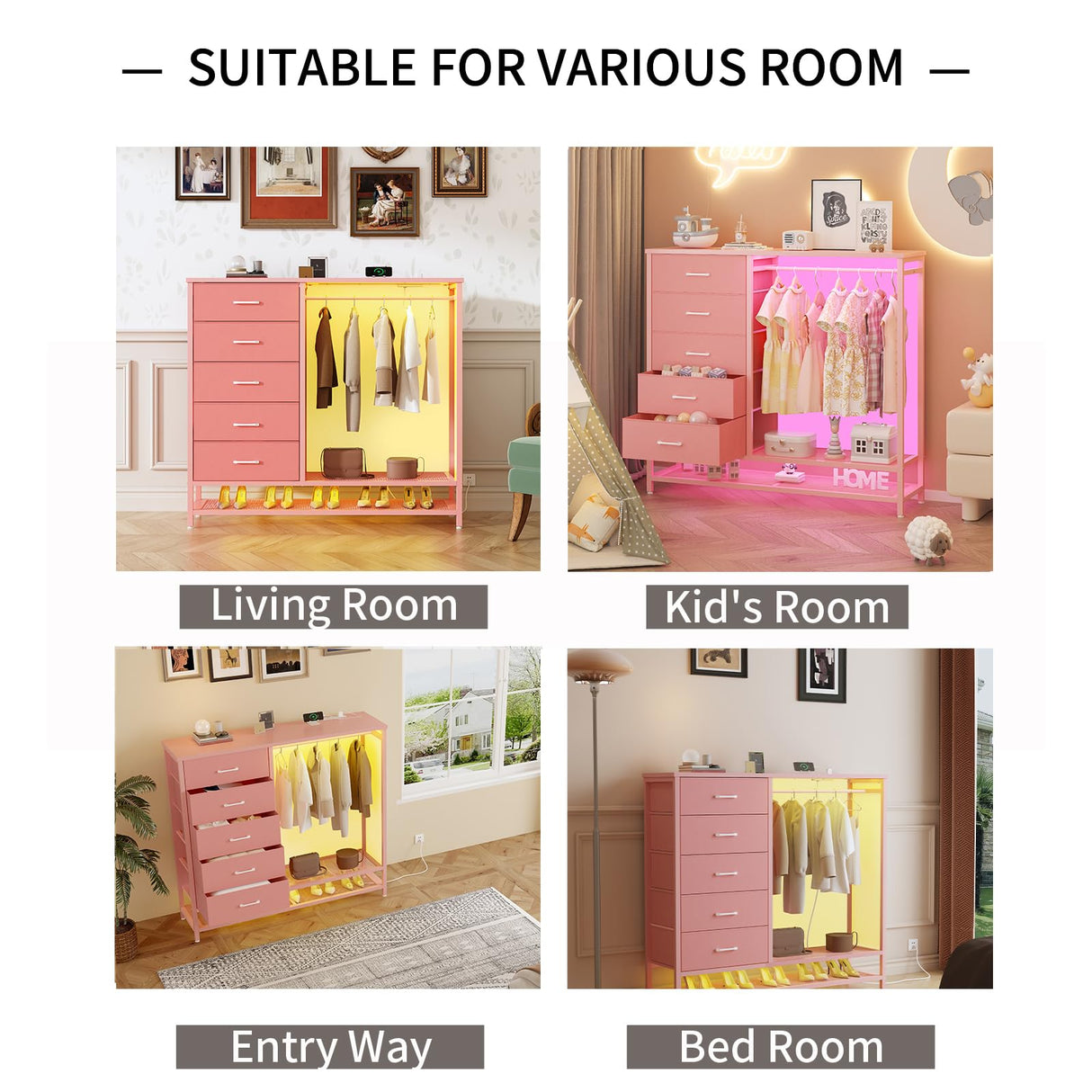 Dresser for Bedroom, Dresser with Hanging Rack Led Lights and Charging Station, Tall Dresser with 5 Fabric Chest of Drawers with PU Finish Storage Organizer, for Living Room Kids Room Closet, Pink SOOWERY