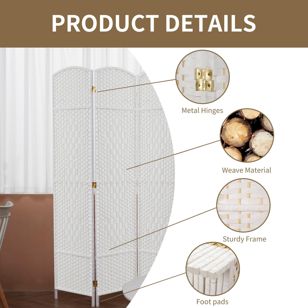 Duraspace 8 Panels Room Divider 6 FT Tall Weave Fiber Privacy Screen Freestanding Double Hinged Folding Screen Extra Wide Room Dividers for Patio Privacy (Off White) DURASPACE