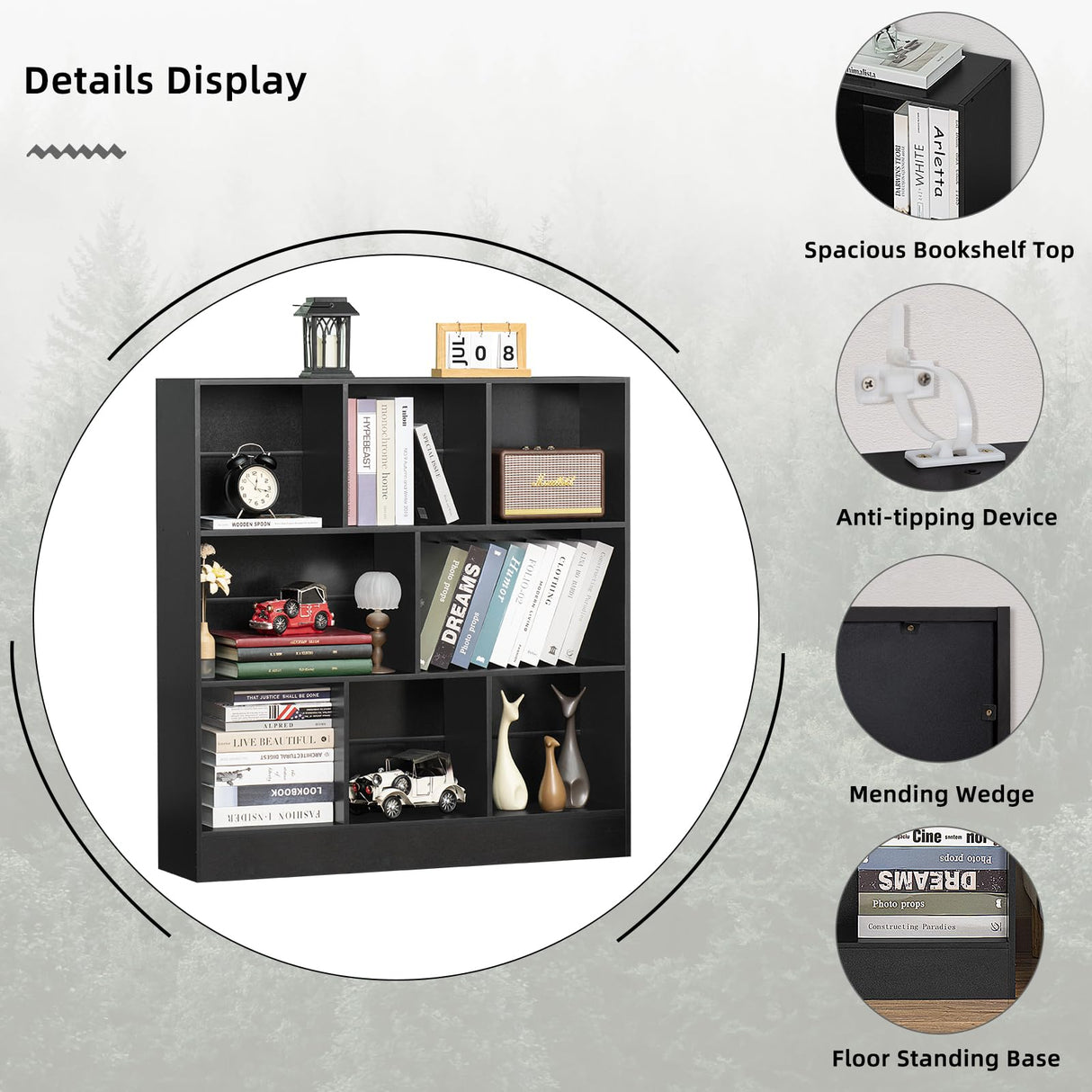 YAHARBO Modern Black 3-Tier Wide Bookshelf with 8 Cubes for Versatile Storage and Display YAHARBO