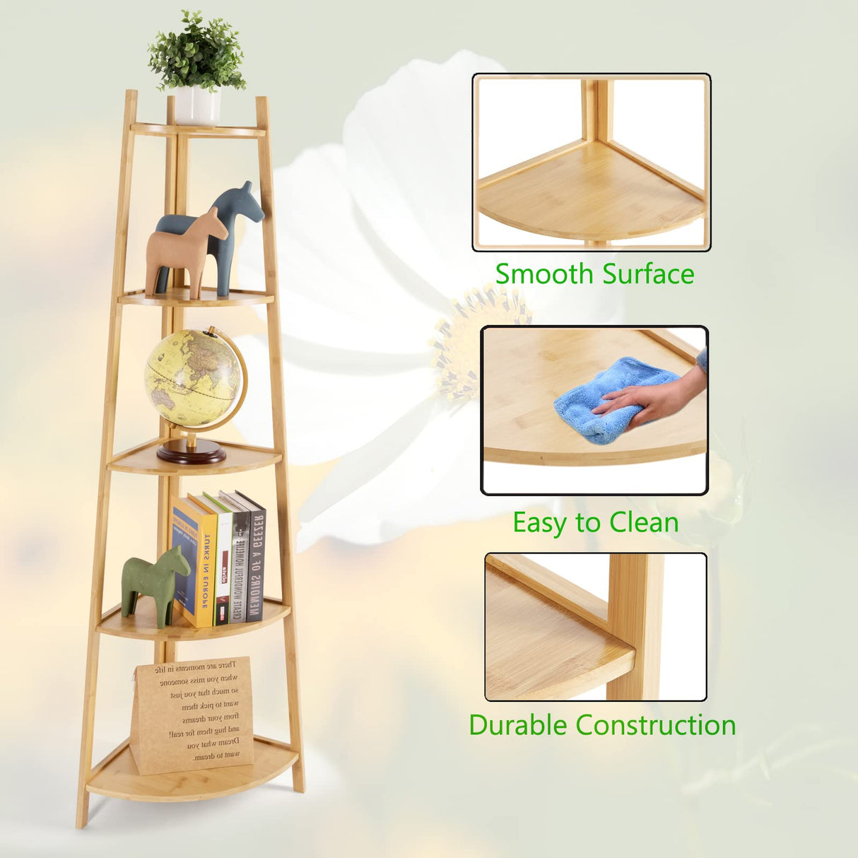 DRDINGRUI Bamboo Corner Shelf Stand for Display, 59'' Tall Storage Rack, 5-Tier Shelf for Organize DRDINGRUI