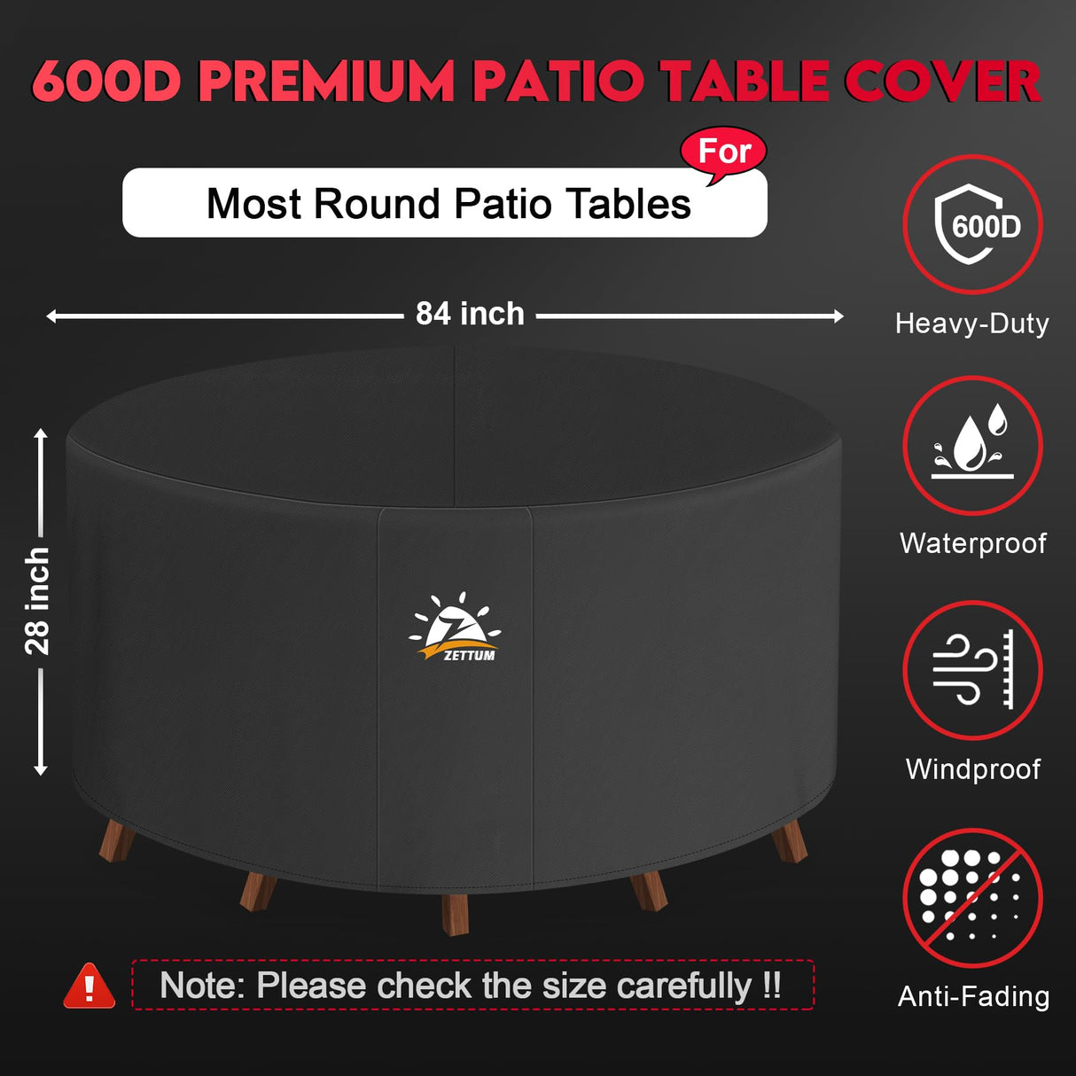 Zettum Round Patio Table Cover 84 Inch - 600D Outdoor Furniture Cover Round Waterproof & Heavy Duty, Lawn Furniture Set Covers Large for Outside Dining Table and Chairs Seating - 84 x 84 x 28 Inch Zettum