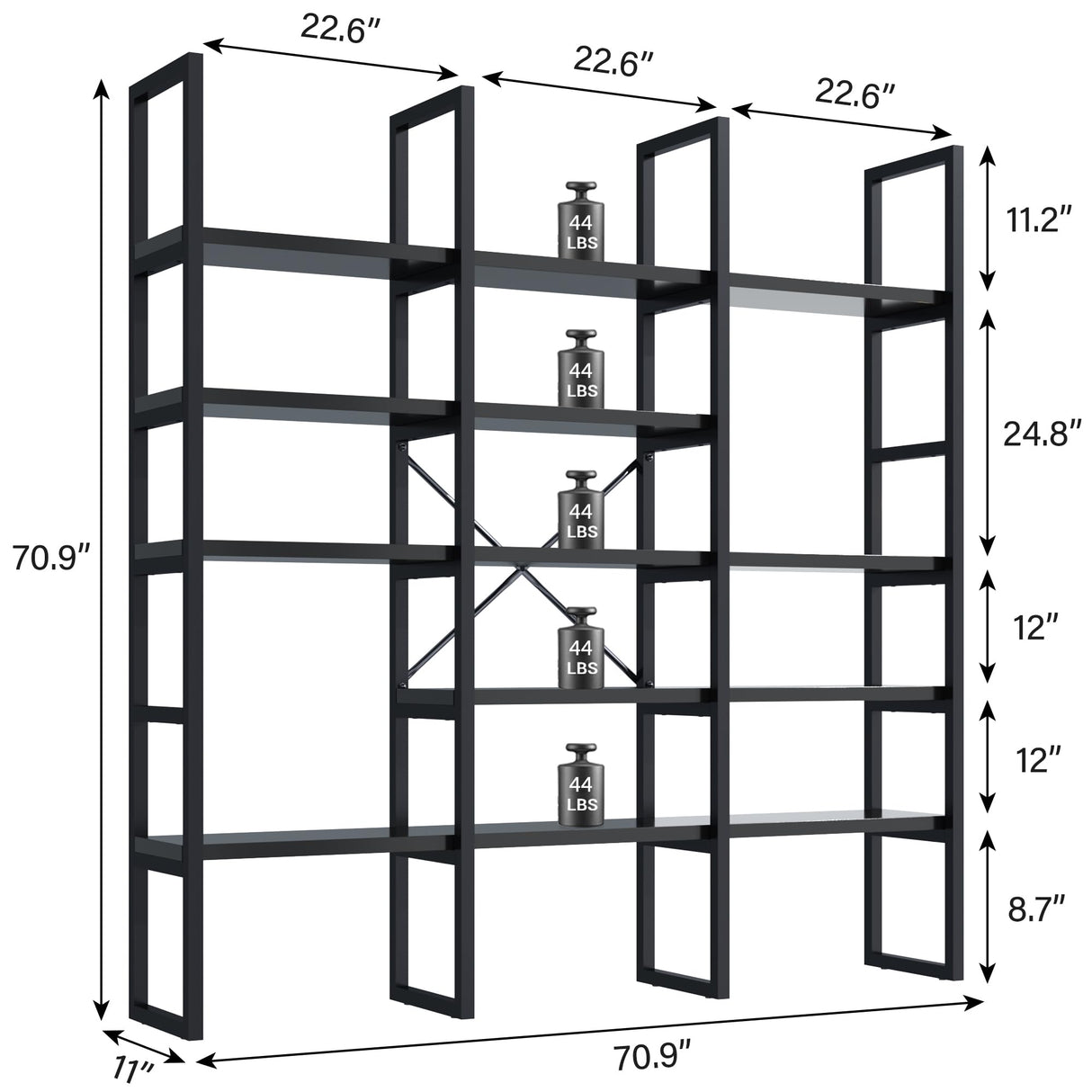 Semoic Large Bookshelf 5 Tiers, Triple Wide Geometric Bookcase, 71 Inches Tall Industrial Book Shelves Etagere Book Case, Sturdy Metal Frame, Freestanding Display Shelving Unit (Black) Semoic