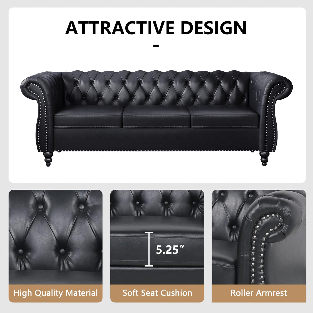 AVZEAR Chesterfield Leather Sofa 3 Seater Couch, Mid-Century Large Sofa Roll Arm Classic Tufted Settee Modern PU Sofa with Channel Tufted Seat Back for Living Room, Office, Apartment, PU Black AVZEAR