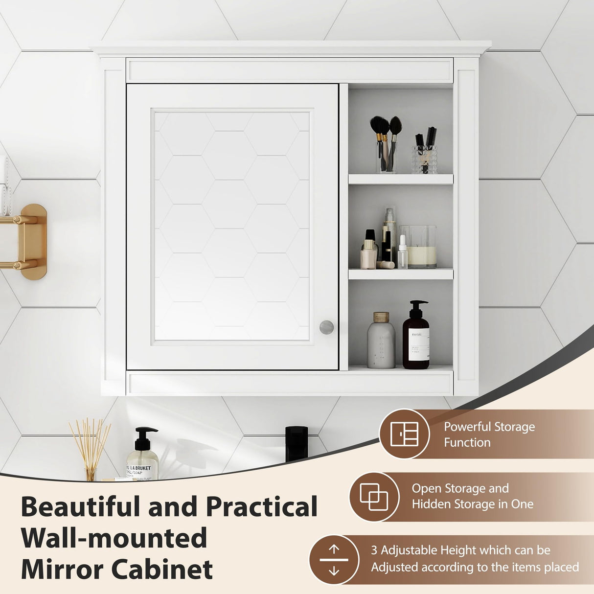 Virubi Bathroom Wall Cabinet with Mirror, 30'' x 28'' Medicine Cabinet with Mirror Door and Adjustable Shelves, Over Toilet Storage Cabinet, Wall-Mounted Bathroom Mirrors for Over Sink with Storage Virubi