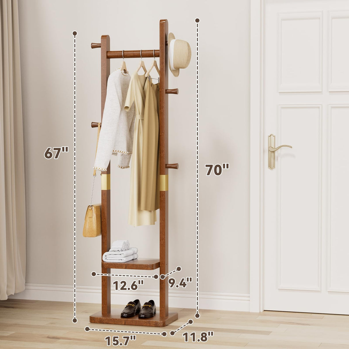 Taitiy Solid Wood Coat Rack Clothes Rack, Coat Rack Freestanding with 2 Shelves and 5 Hooks, Heavy Duty Coat Tree for Entryway, Living room, Coat Hanger Stand for Hats, Bags Clothes(Walnut Brown) Taitiy