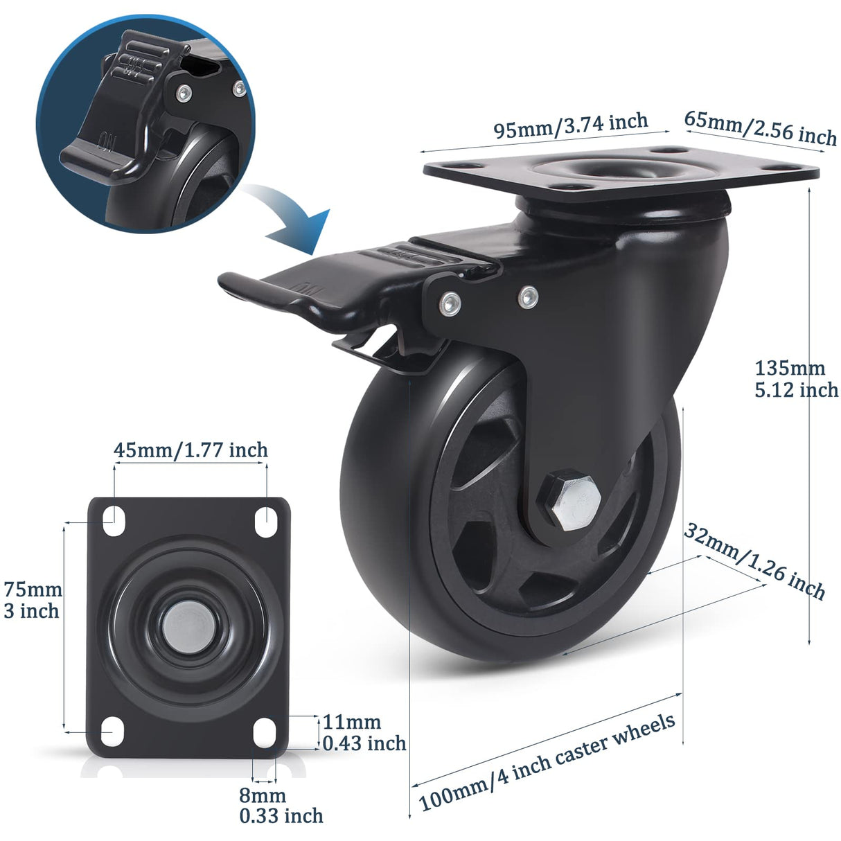 4 Inch Swivel Plate Caster Wheels, All Black Heavy Duty Casters Set of 4 with Brake, Polyurethane Locking Caster Wheels for Cart, Workbench, Load 2000lbs Wieyunn