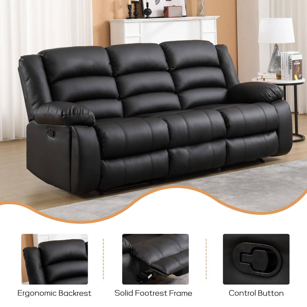 EBELLO Faux Leather Manual Reclining Sofa with 2 Concealed Cup Holders,Overstuffed Armrest 3 Seat Recliner Sofa, Couch for Living Room, Bedroom, Meeting Room, Black, Sofa EBELLO