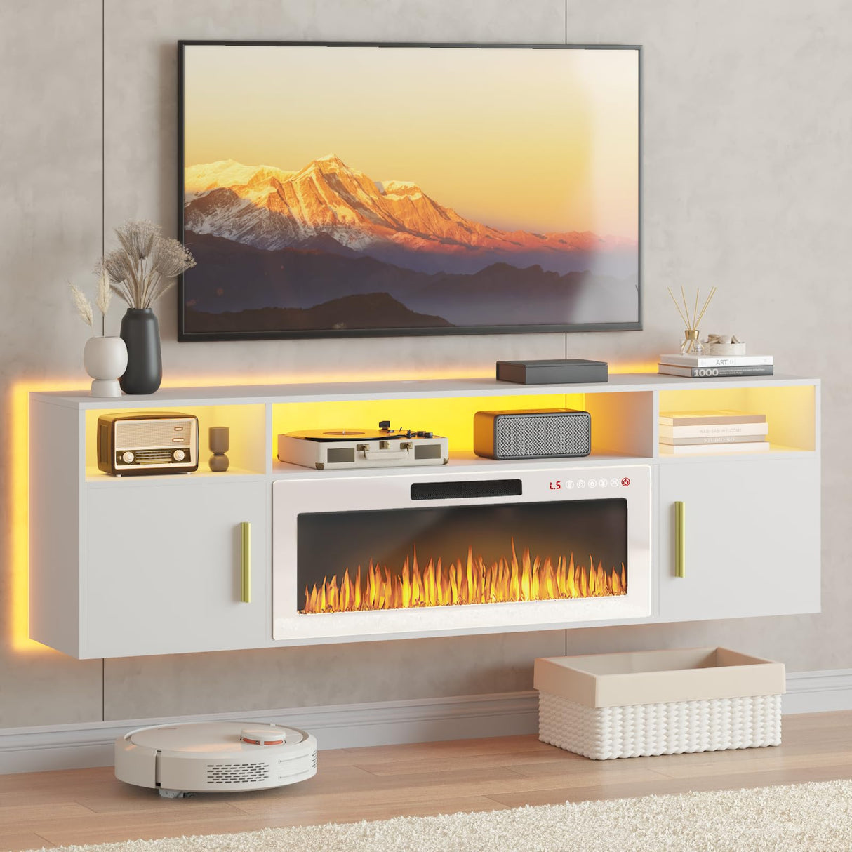 PUKAMI 70" Floating TV Stand with 36" Electric Fireplace,Wall Mounted Entertainment Center with LED Lights and Highlight Storage Cabinet for TVs up to 80" for Living Room (White and White) PUKAMI