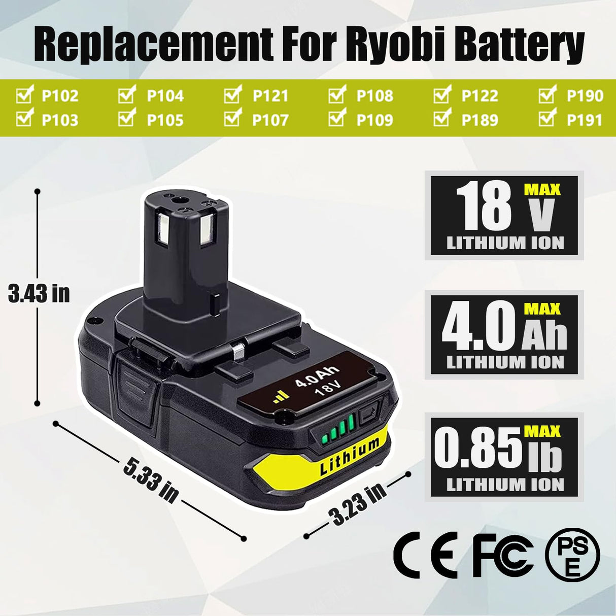 FSKE 2Pack 4.0Ah Lithium Battery Replacement for Ryobi 18V Battery ONE+ P108 P102 P103 P104 P105 P107 P108 P109 P190 P191 P122 FSKE