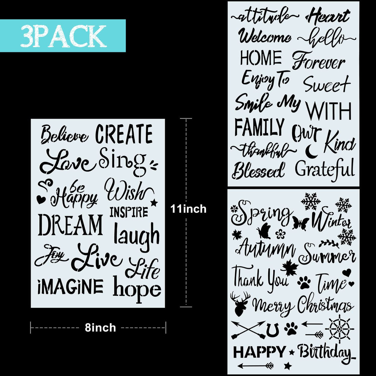 3 Pieces Plastic Painting Stencils 8 x 11 Inch Reusable Inspirational Word Stencils Template for Painting on Wood, Fabric, Paper, Wall DIY Drawing Craft Zonon