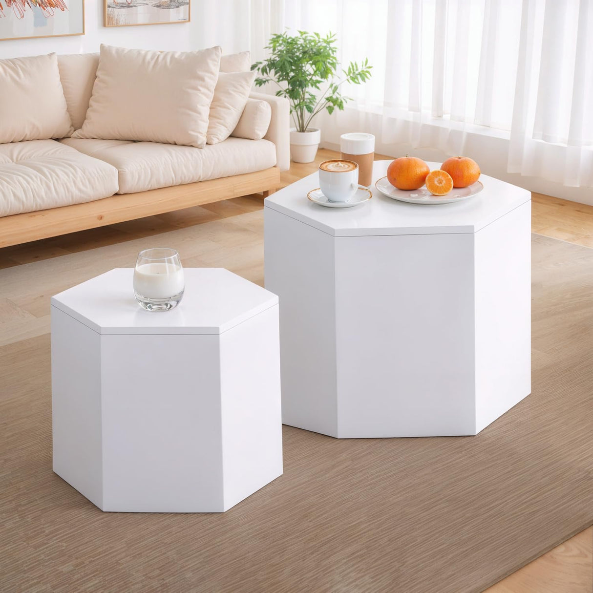 Wood Nesting Coffee Table Set of 2, Modern Round Coffee Table with Non-Slip Feet, Wooden Circle Side Table and Accent Furniture for Bedroom Balcony Lounge Home Office, No Assembling ivoros