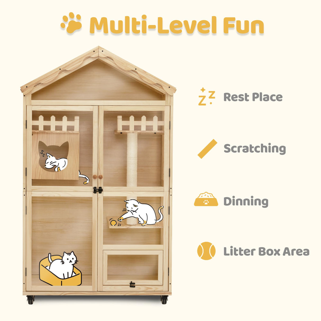 MCombo Wooden Cat House for Indoor Cats, Cat Villa with Cat Entrance, Cat Catio with Lockable Doors & Wheels, CT291 MCombo