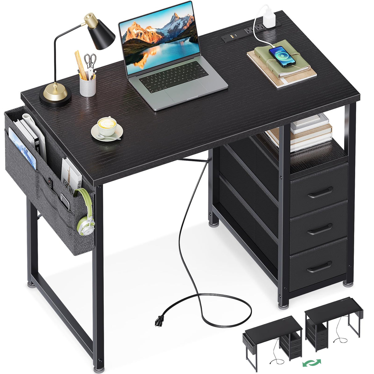 AODK 32-Inch Small Computer Desk with Fabric Drawers and Charging Station, Kids Girls Teen Study Writing Desk for Bedroom, Home Office Desk with Storage Shelf & Bag, Vanity Table for Small Space,Black AODK