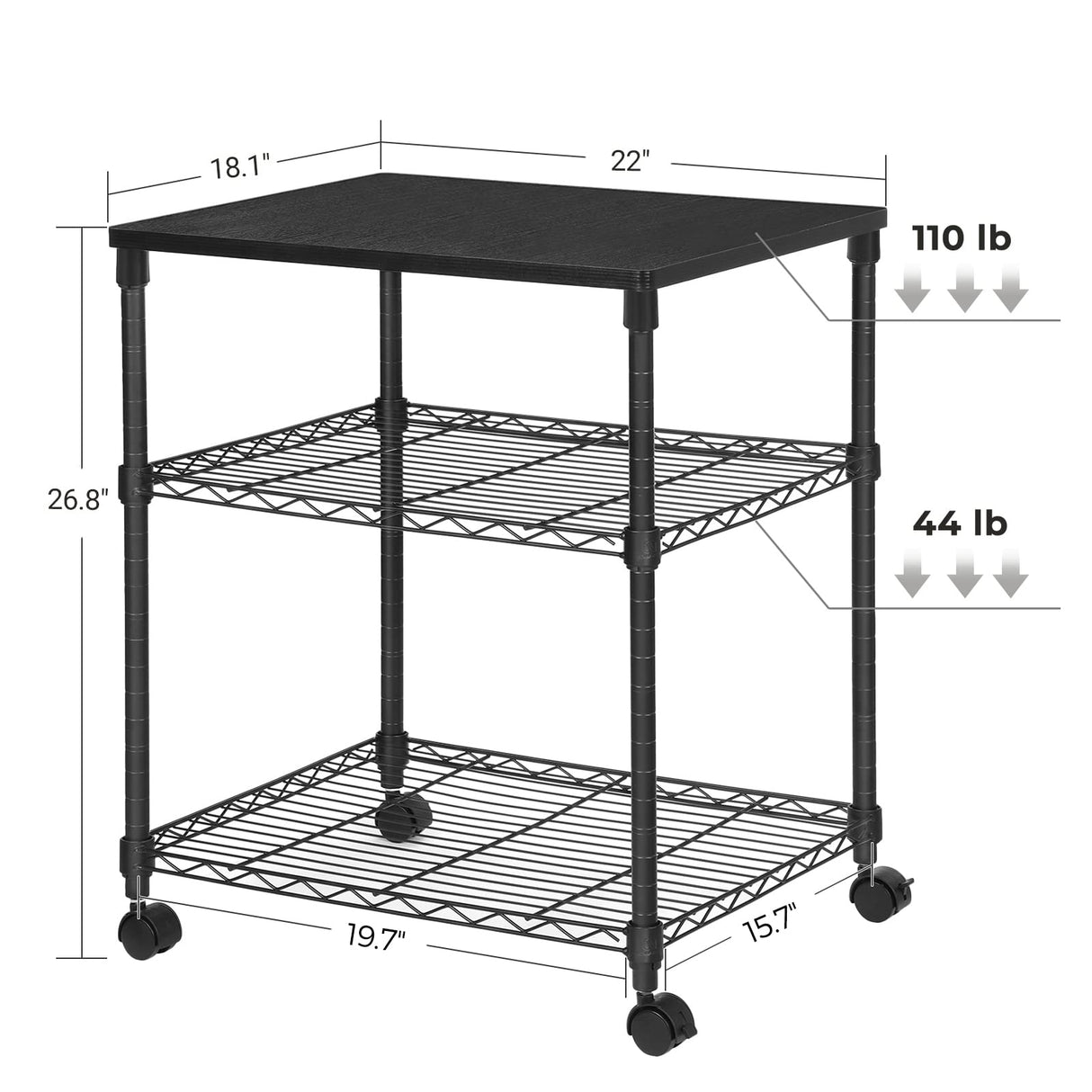 SONGMICS 3 Tier Printer Stand, Printer Table with Wheels, Rolling Printer Cart, Printer Desk with Metal Frame for Home Office, 22 x 18.1 x 26.8 Inches, Black ULGR32BK SONGMICS
