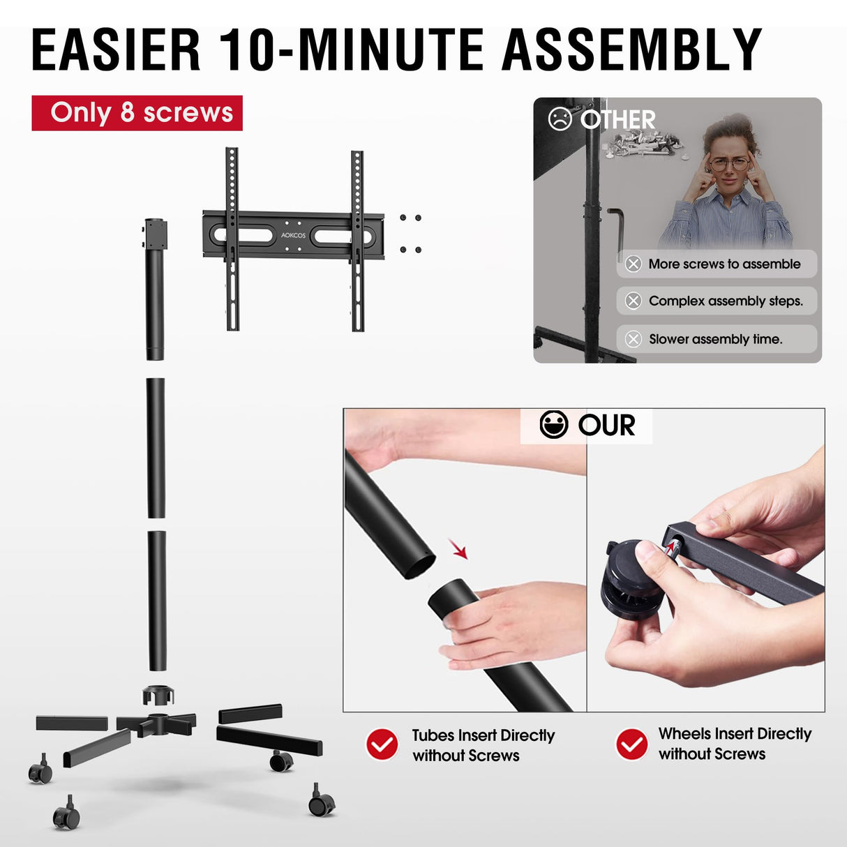 AOKCOS TV Cart Rolling TV Stand - Mobile TV Stand for 32-65 inch Flat/Curved TVs Holds up to 88 Lbs, Portable TV Stand on Wheels with Tilting for Living Room, Bedroom, Office, Max VESA 400x400mm AOKCOS