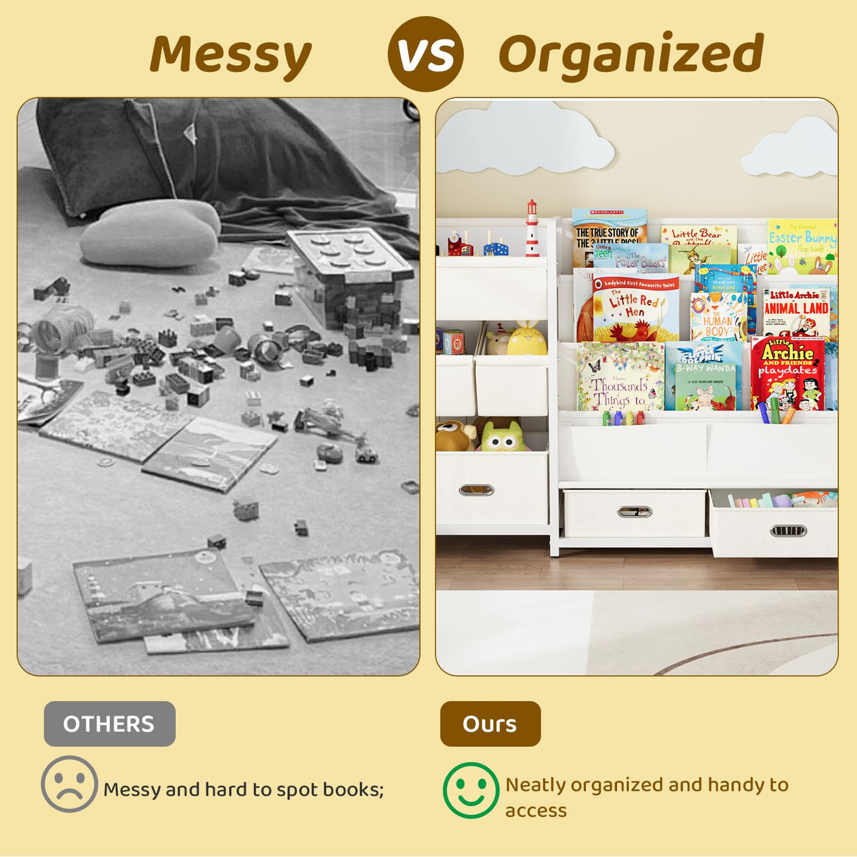 KIDINIX 3 Tier Kids Bookshelf and Toy Storage - Sling Book Shelf with Toy Organizer, Montessori Toddler Bookcase with 6 Toy Bins, for Playroom, Children Room, Nursery, Classroom, White KIDINIX