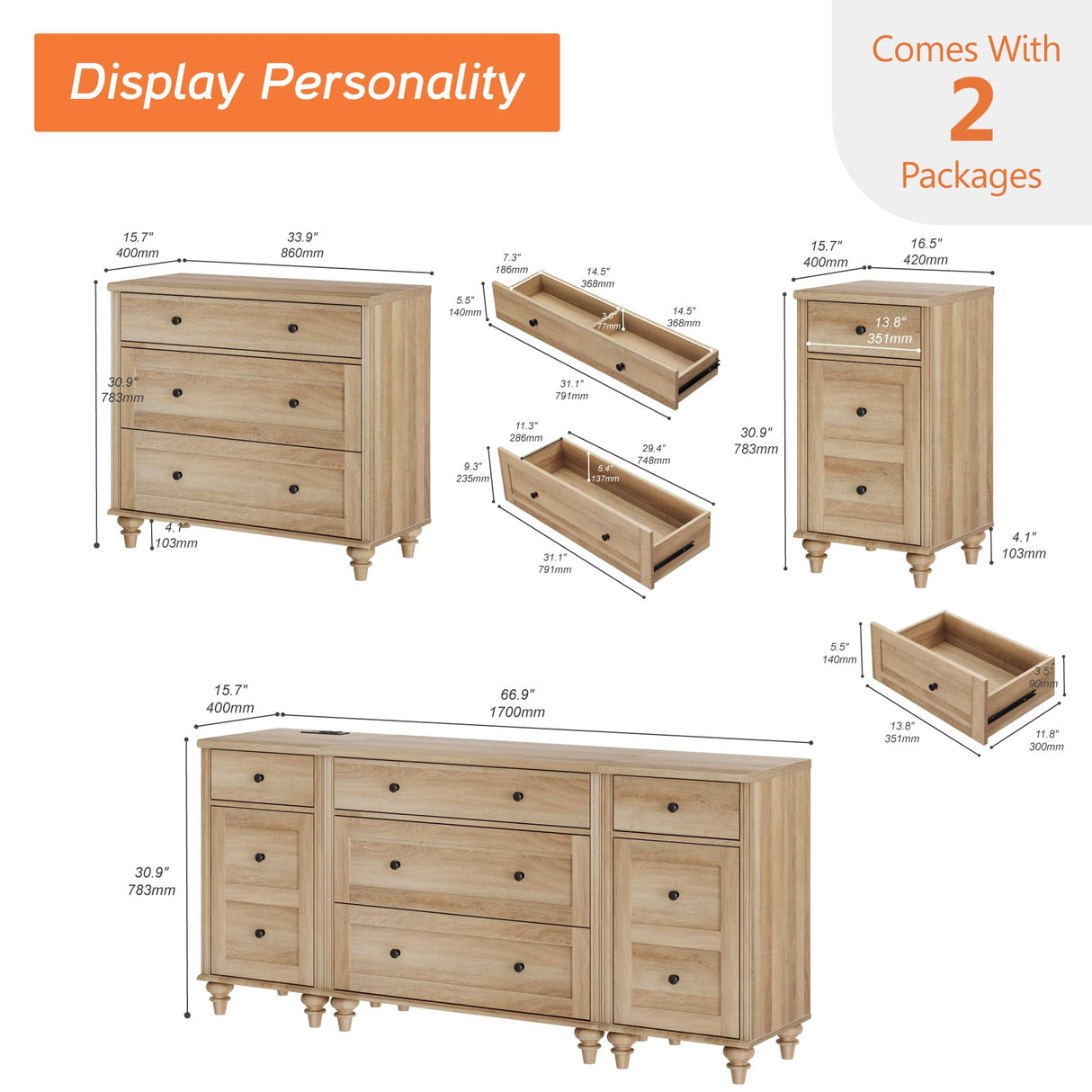 WAMPAT Dresser for Bedroom with 5 Drawers and 2 Storage Cabinet, End Table with Charging Station for Living Room, Mid Century Modern Kids Dressers with Wide Chest of Drawers for Nursery, Oak WAMPAT