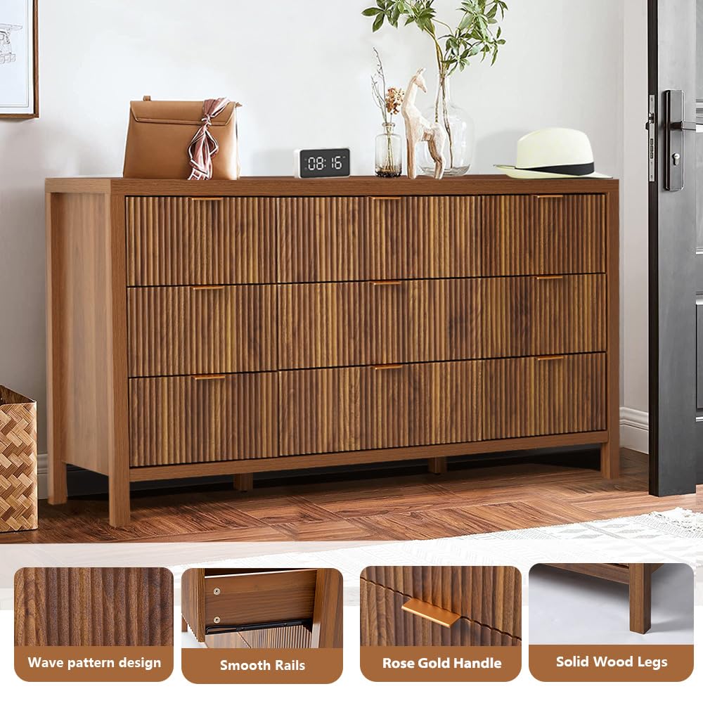 affeivul Mid Century Modern Dresser TV Stand, 9 Drawer Dresser for Bedroom Wood, Farmhouse Boho Storage Cabinet Side Table with Solid Natural Wood Legs, Long Wooden Dresser for Closet (Walnut) affeivul