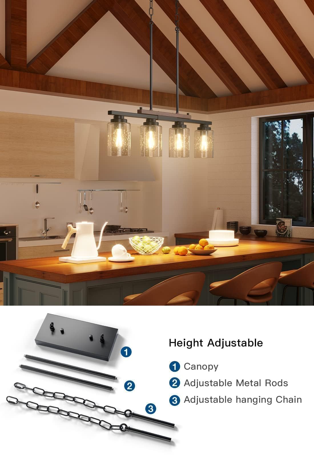 Amico Dining Room Light Fixture 4-Light Kitchen Island Lighting with Adjustable Rods, Farmhouse Decor Black Metal & Wood Chandelier with Seeded Glass Shade, Island Lights for Kitchen Amico