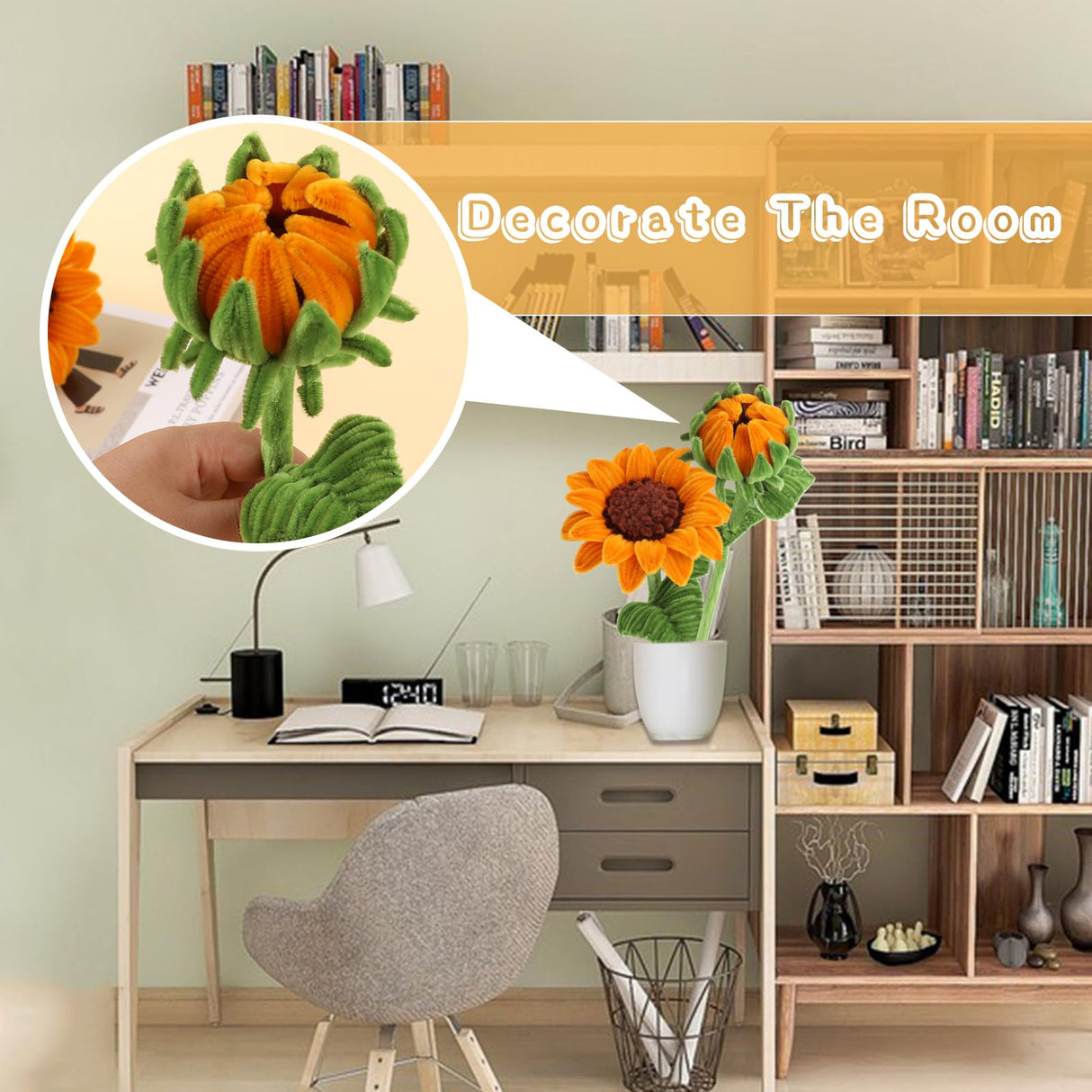 UzecPk 430PCS Pipe Cleaners for Crafts, Pipe Cleaner Sunflower Kit, Pipe Cleaner Craft Sunflowers Kit with Instructions, 3 Colors Pipe Cleaners Set for DIY Art Craft Decorations-5 Flowers UzecPk