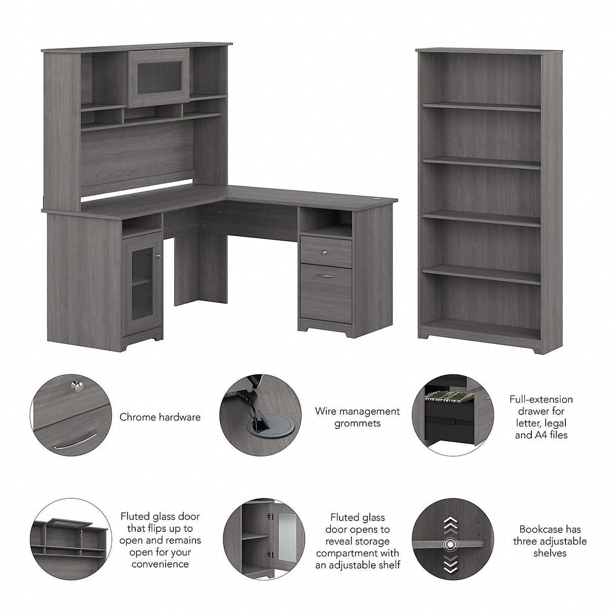 Bush Furniture Cabot 60W L Shaped Computer Desk with Hutch & 5 Shelf Bookcase in Modern Gray Bush Business Furniture