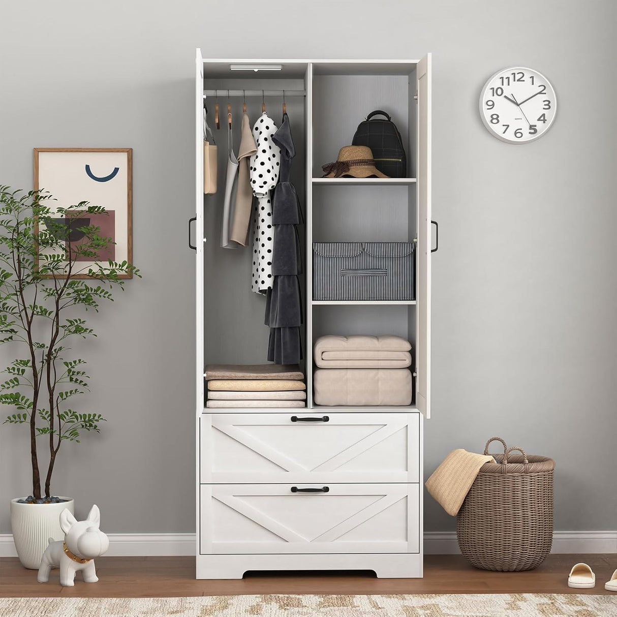 Hosnnile 72'' Armoire Wardrobe Closet with Mirror Door & Light, Farmhouse Bedroom Clothes Cabinet with 2 Doorrs + Hanging Rod + 2 Drawers, Wooden Wardrobe Cabinet with Adjustable Shelf for Bedroom Hosnnile