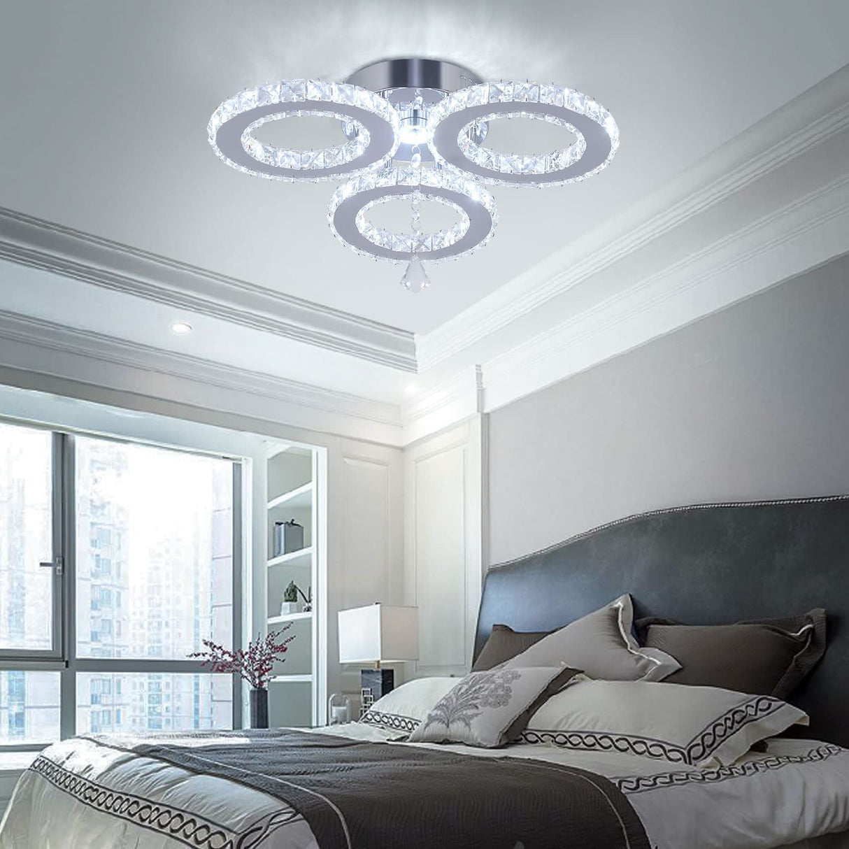 diisunbihuo LED Crystal Ceiling Light 13x3.5 Inches 3 Rings Crystal Chandelier Flush Mount Lighting Fixture for Bedroom Hobby Living Room (Cool White) diisunbihuo