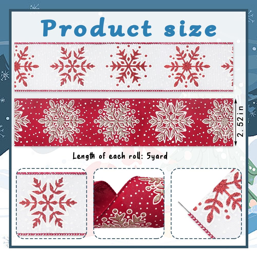 Estivaux 2 Rolls Christmas Ribbons for Crafting, Xmas Wired Edge Ribbon Red White Burlap Ribbon Bow Winter Holiday Snowflake Wired Ribbons for Gift Wrapping Christmas Sewing DIY Crafts Supplies Estivaux