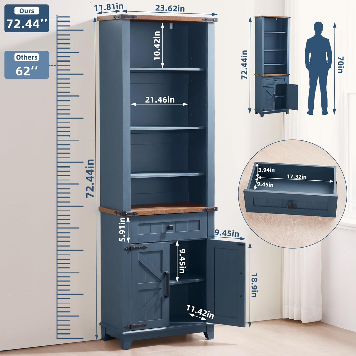 Joaxswe 72in Tall Bookshelf 7 Tier Bookcase with Drawer and Barn Doors and Adjustable Shelves, Blue Farmhouse Book Shelf with Storage Cabinet, Wood Freestanding Display Bookshelves for Kitchen (2PCS) Joaxswe