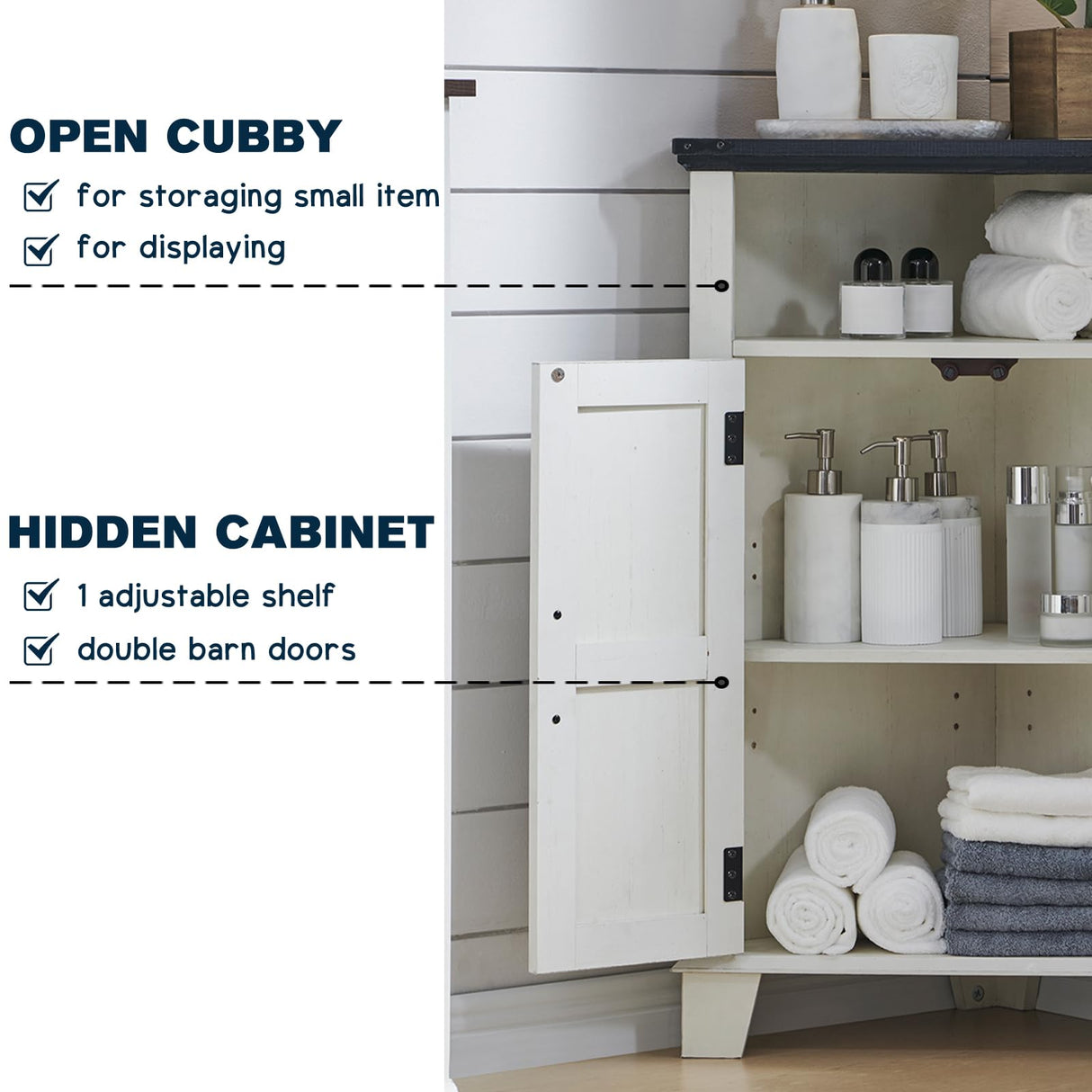 ACCOHOHO Corner Bathroom Cabinet, Farmhouse Small Corner Cabinet with Barn Door & Adjustable Shelf, Corner Kitchen Cabinet, Storage Cabinet for Bathroom, Kitchen, Living Room, Off White ACCOHOHO
