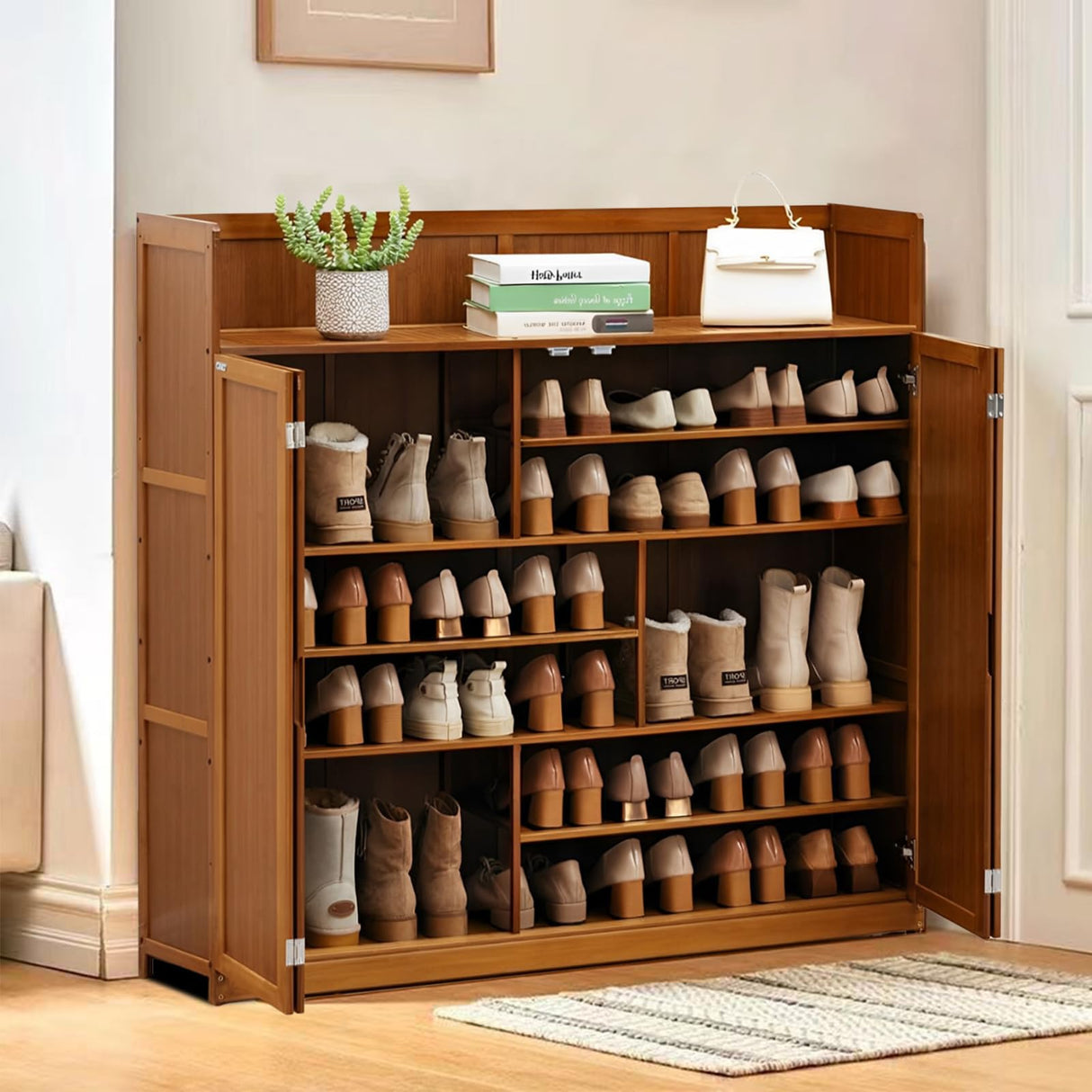 Shoe Cabinet, Bamboo Shoe Storage Cabinet with Doors, 7 Tier Freestanding Shoes Heels Sneakers Shoe Rack Shelf for 36-40 Pairs, Entryway Shoe Cabinet with Drawers for Hallway Office Living Room sasygfi