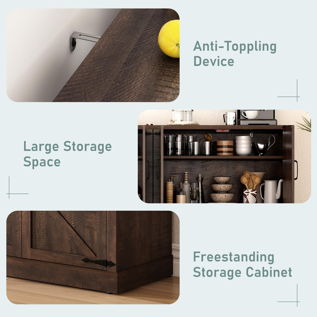 Sideboard Buffet Cabinet with Storage - 65’’ Large Farmhouse Buffet Table Coffee Bar Cabinets, Modern Accent Cabinet with Adjustable Shelf and 4 Doors, for Kitchen, Dining Room, Living Room, Brown chartustriable