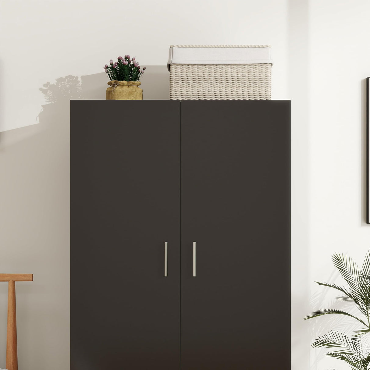 Panana 2 Door Wardrobe Closet Bedroom Armoires with 2 Shelves Storage, Hanging Rail for Bedroom (Black) Panana