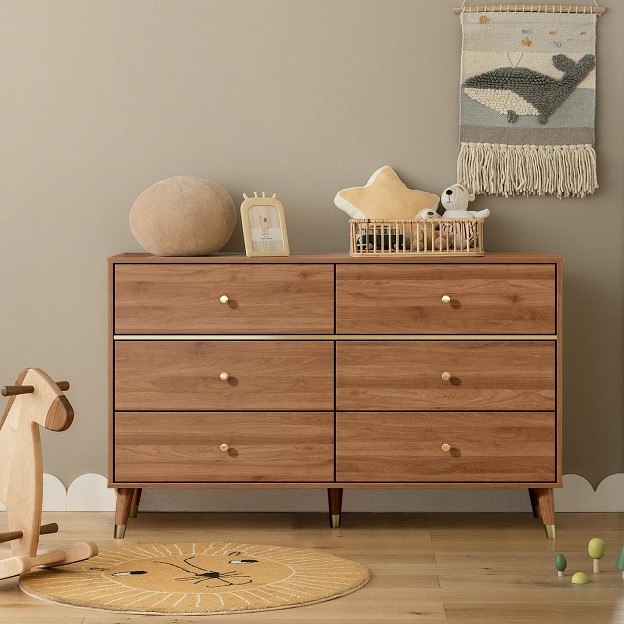 Chrangmay 6 Drawer Dresser,47" Wide Mid Century Chest of Drawers,Wooden Bedroom Drawer Dresser with 6 Storage Drawers for Bedroom,Living Room,with Anti-Tipping Device,Walnut.HT Chrangmay