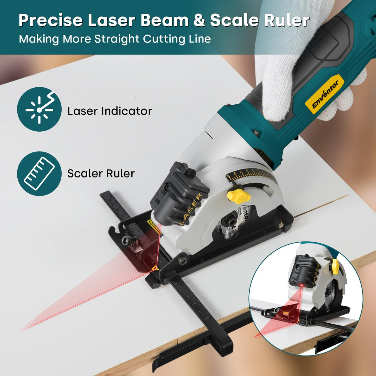 Enventor Mini Circular Saw, 4.8A Electric Circular Saws Corded with Laser Guide, 4000RPM, 3 Saw Blades 3-3/8" Max Cutting Depth 1-1/16", Compact, Power for Wood, Soft Metal, Tile, Plastic Enventor