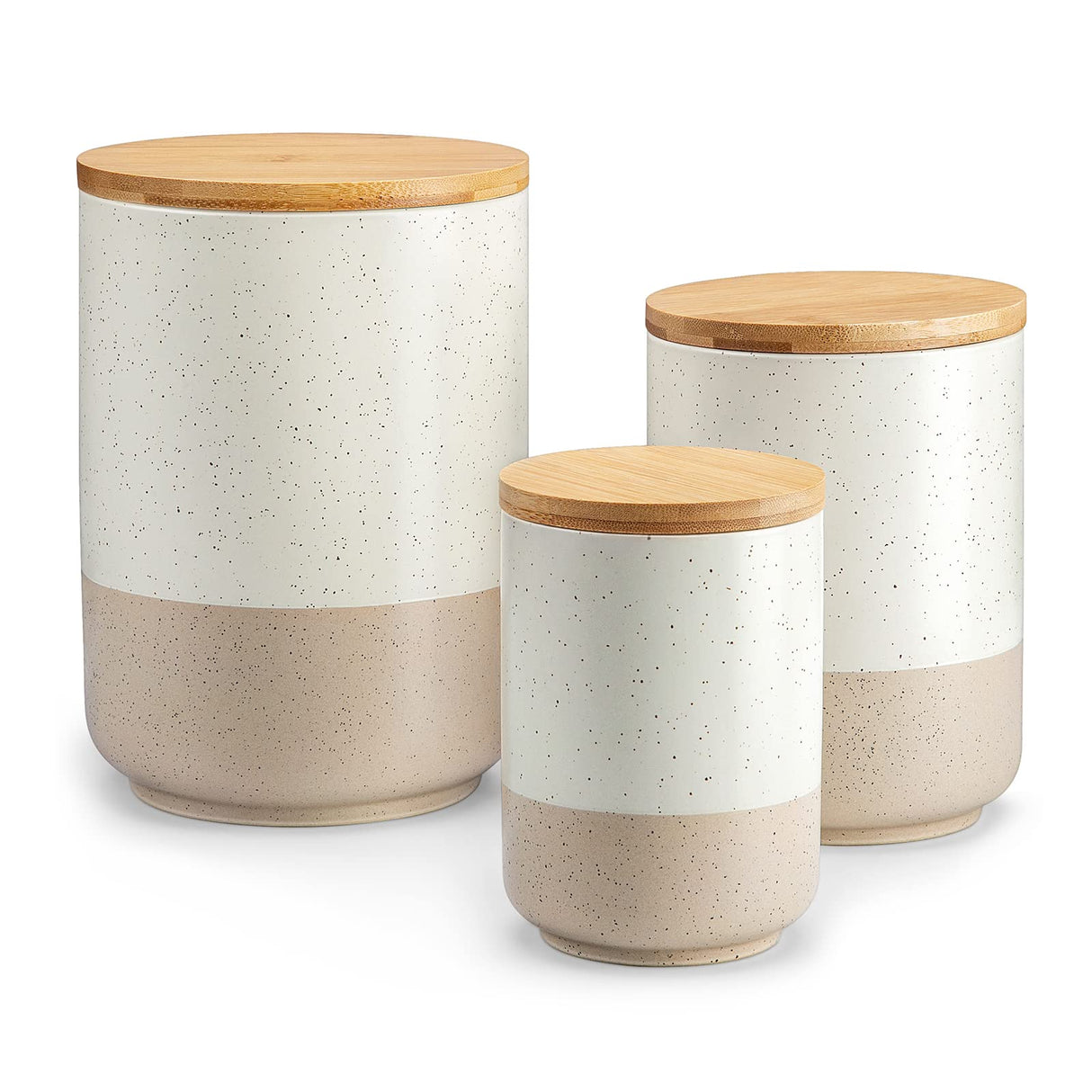 vancasso Sabine Canister Sets for Kitchen, Ceramic Kitchen Canisters for Countertop with Airtight Wood Lids, Large Flour and Sugar Containers for Coffee, Tea, Spice (Set of 3) vancasso