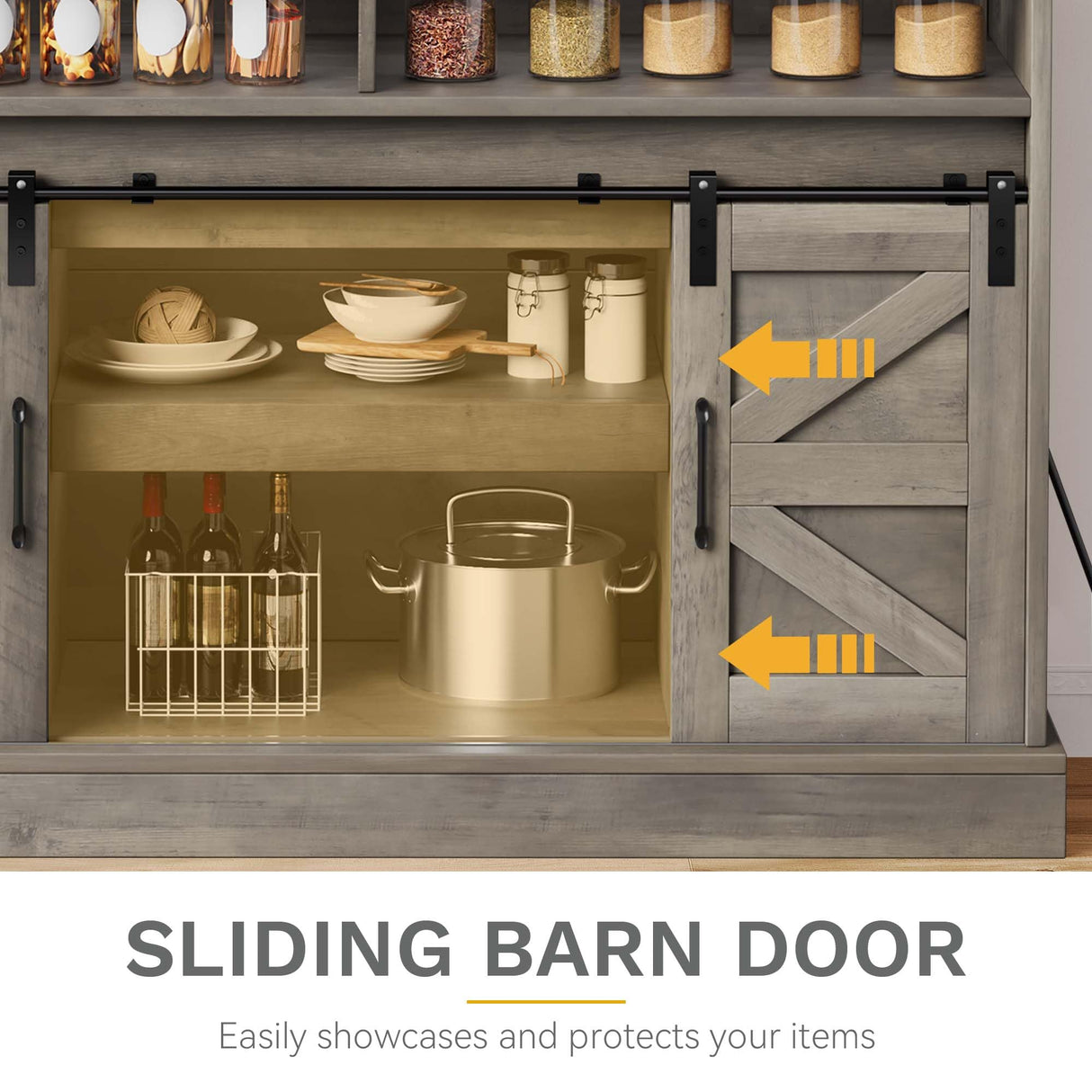 DWVO Farmhouse Buffet Cabinets, 47" Coffee Bar with Goblet Holder & Power Outlet, Sliding Barn Door Sideboard Cabinet for Kitchen & Living Room Storage (Rustic Grey Oak) DWVO