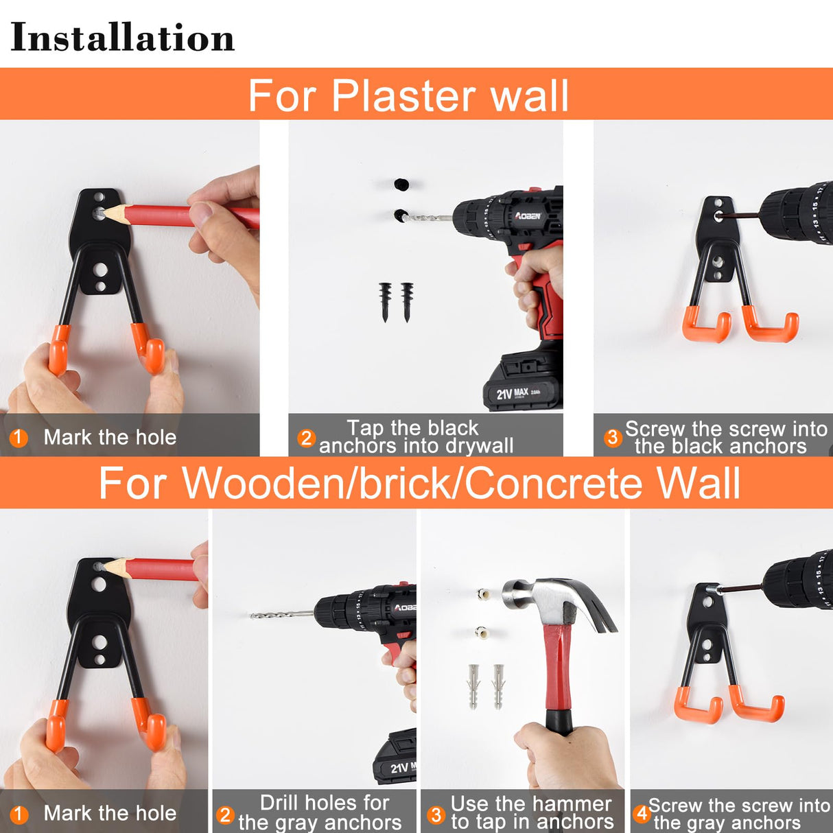 AOBEN Garage Hooks,24Pack Heavy Duty Garage Hanger Organizer Anti-Slip Double Wall Garage Storage Hooks for Ladder, Power Tool,Bike,Ropes (23 Hooks & 1 hoder Strap)-Orange AOBEN