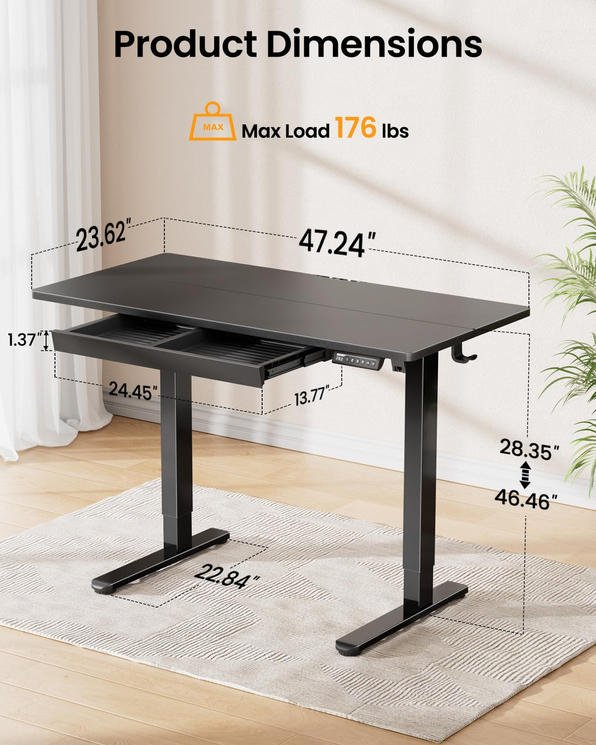 ErGear Standing Desk with Drawer, 48 x 24 inch Electric Height Adjustable Desk with 4 Preset Heights & 2 Storage Hooks, Sit Stand Desk Computer Desk with Drawer for Home & Office, Black EGESD80B ErGear