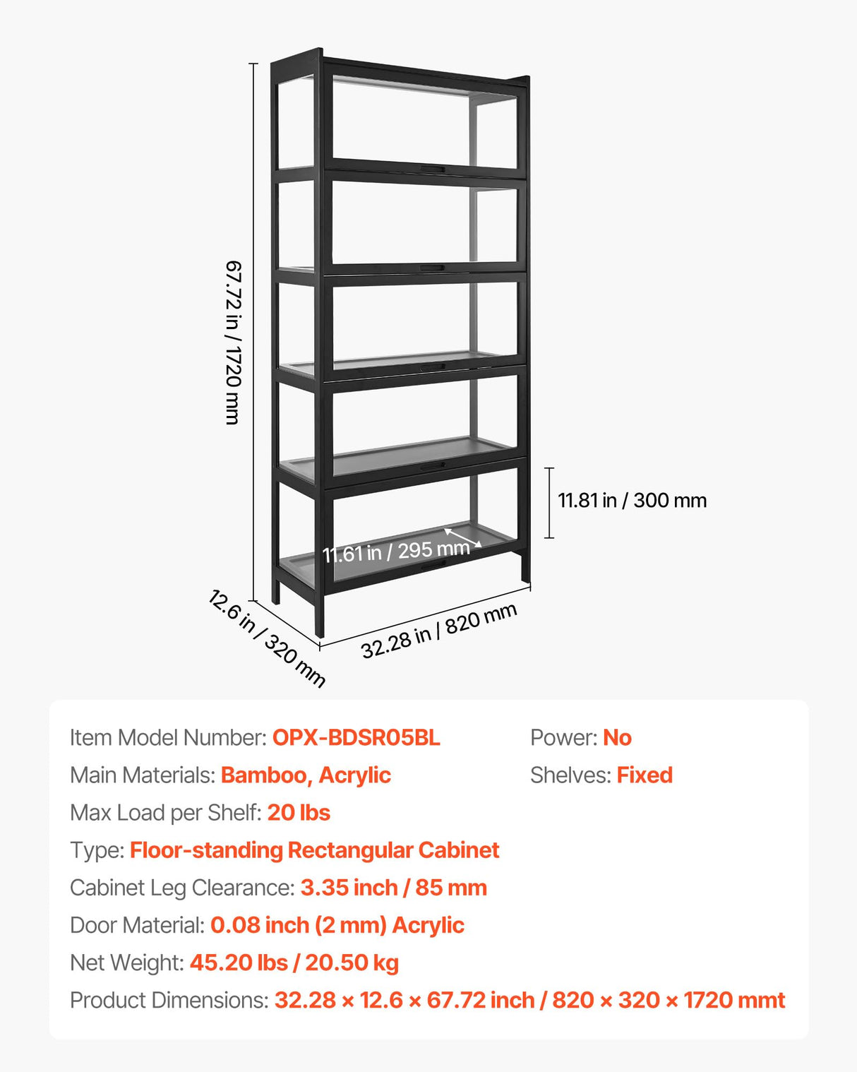 VEVOR Display Cabinet with Acrylic Doors, 68 in Tall 5-Tier Curio Cabinet, Natural Wooden Fame, Collectibles Toy Organizers Rack & Display Case, Bookshelf for Home, Office, Playroom, Living Room VEVOR
