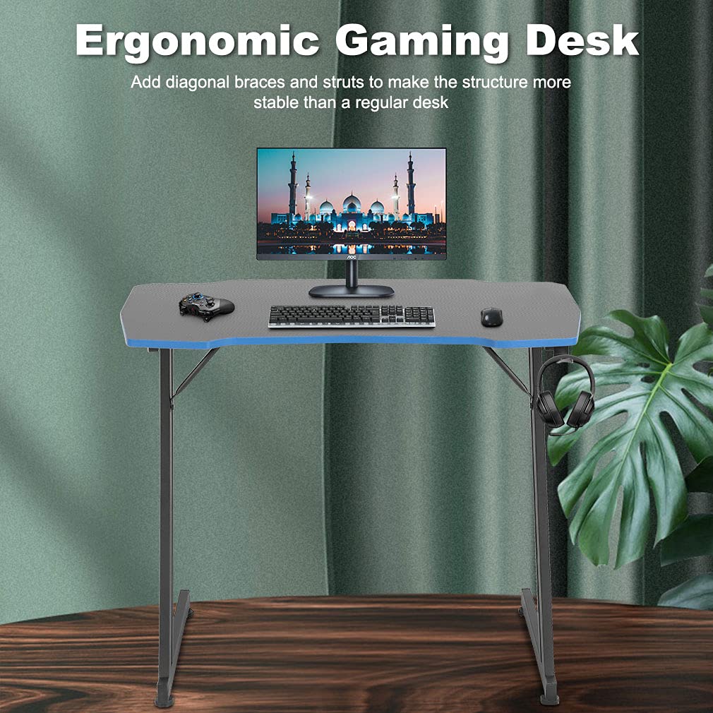 Gmaing Desk 35.4in PC Computer Desk, Blue Ergonomic Gaming Table Z Shaped Gaming Workstation with Headphone Hook for Home Office,Blue BestOffice