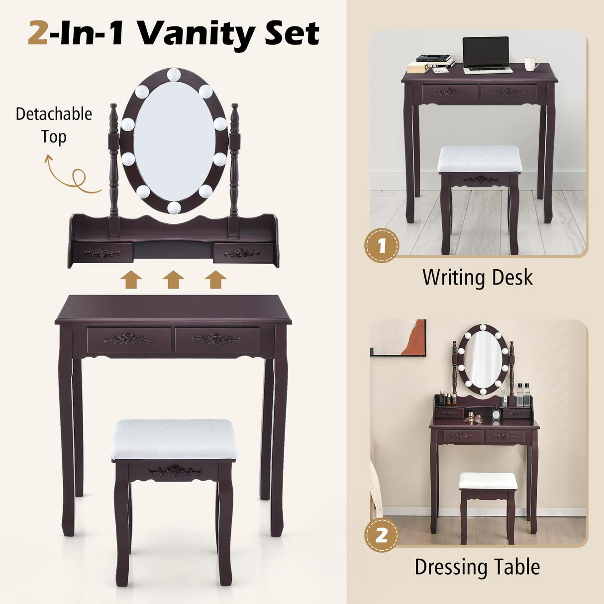 GOFLAME Vanity Table Set with Lighted Rotatable Mirror, Dressing Table with 3-Color Lights & Adjustable Brightness, Makeup Desk with Cushioned Stool for Dressing Room, Bedroom (Brown) GOFLAME