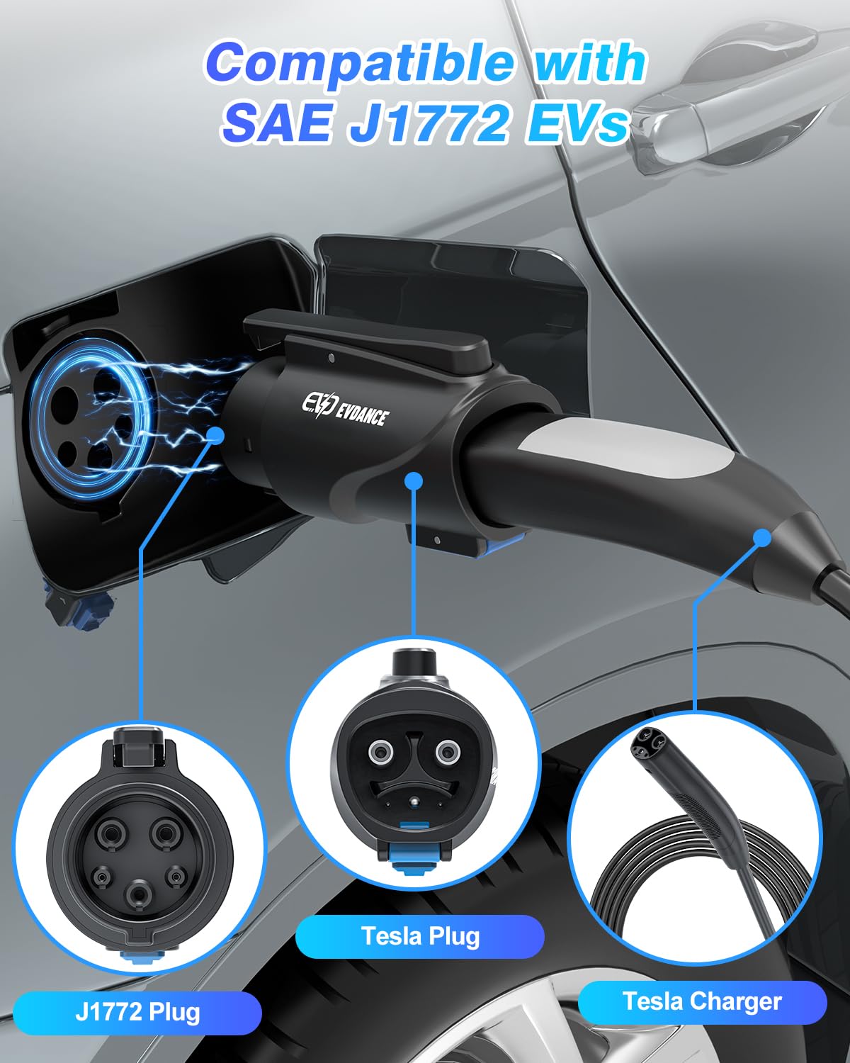 EVDANCE NACS to J1772 Charging Adapter - Max 80 Amp & 250V J1772 EV Adapter Compatible with Tesla High Powered Connectors Destination Chargers and Mobile Connectors (Black) EVDANCE